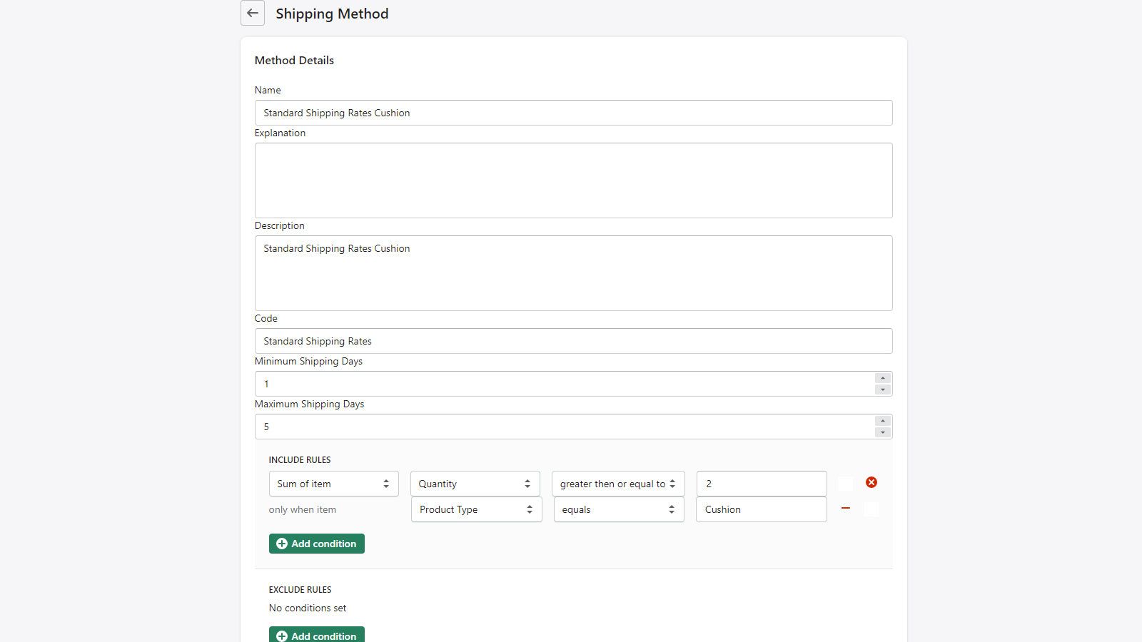 Shipping Method Settings Page