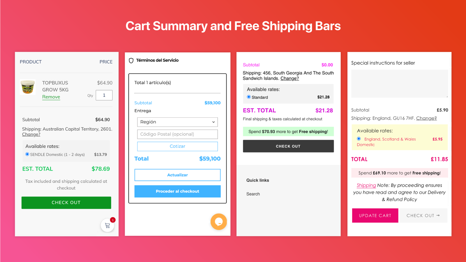 Shipping Rates Calculator On Cart + Free Shipping Bar