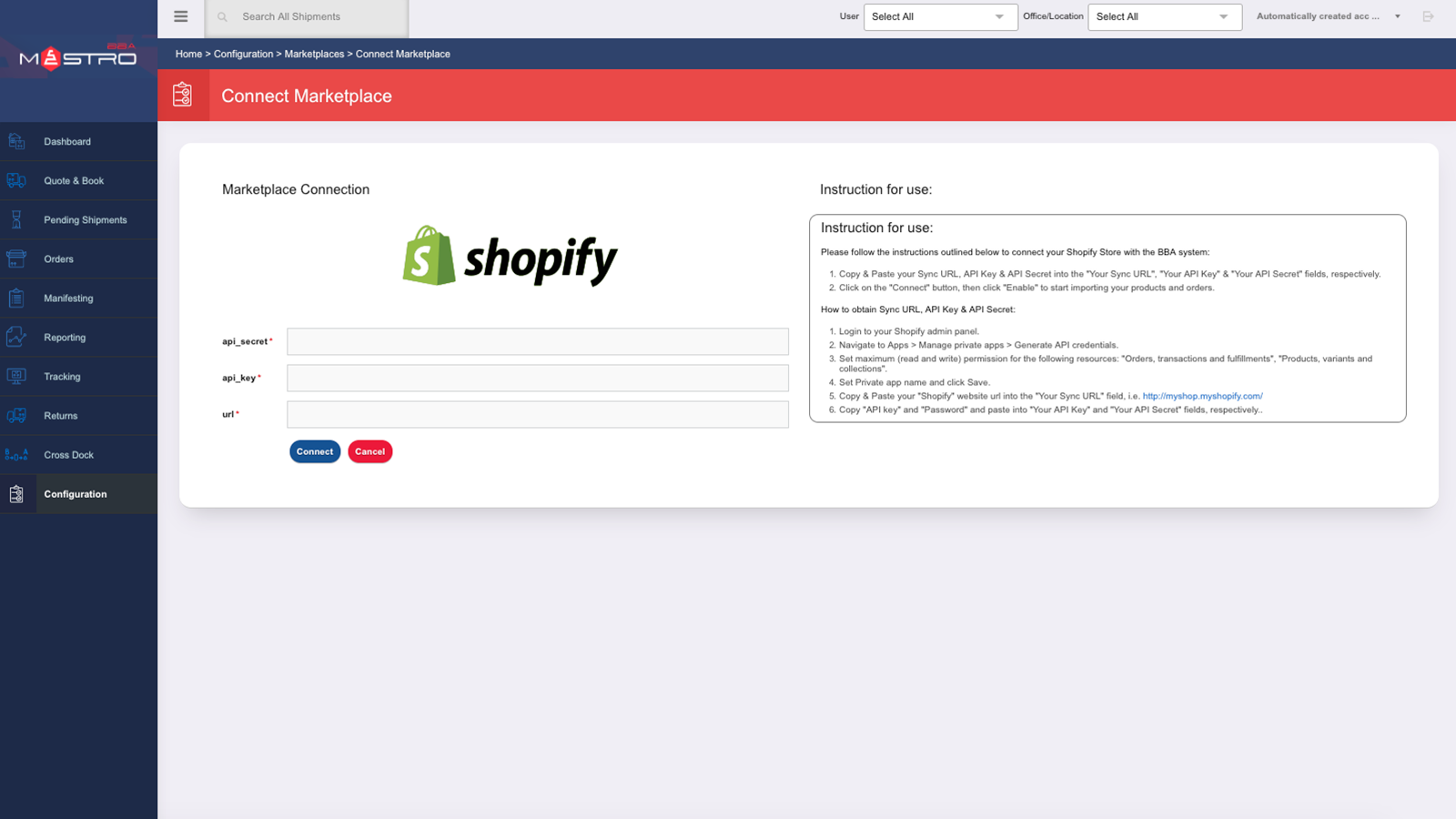Shopfify to bba mastro connection configuration