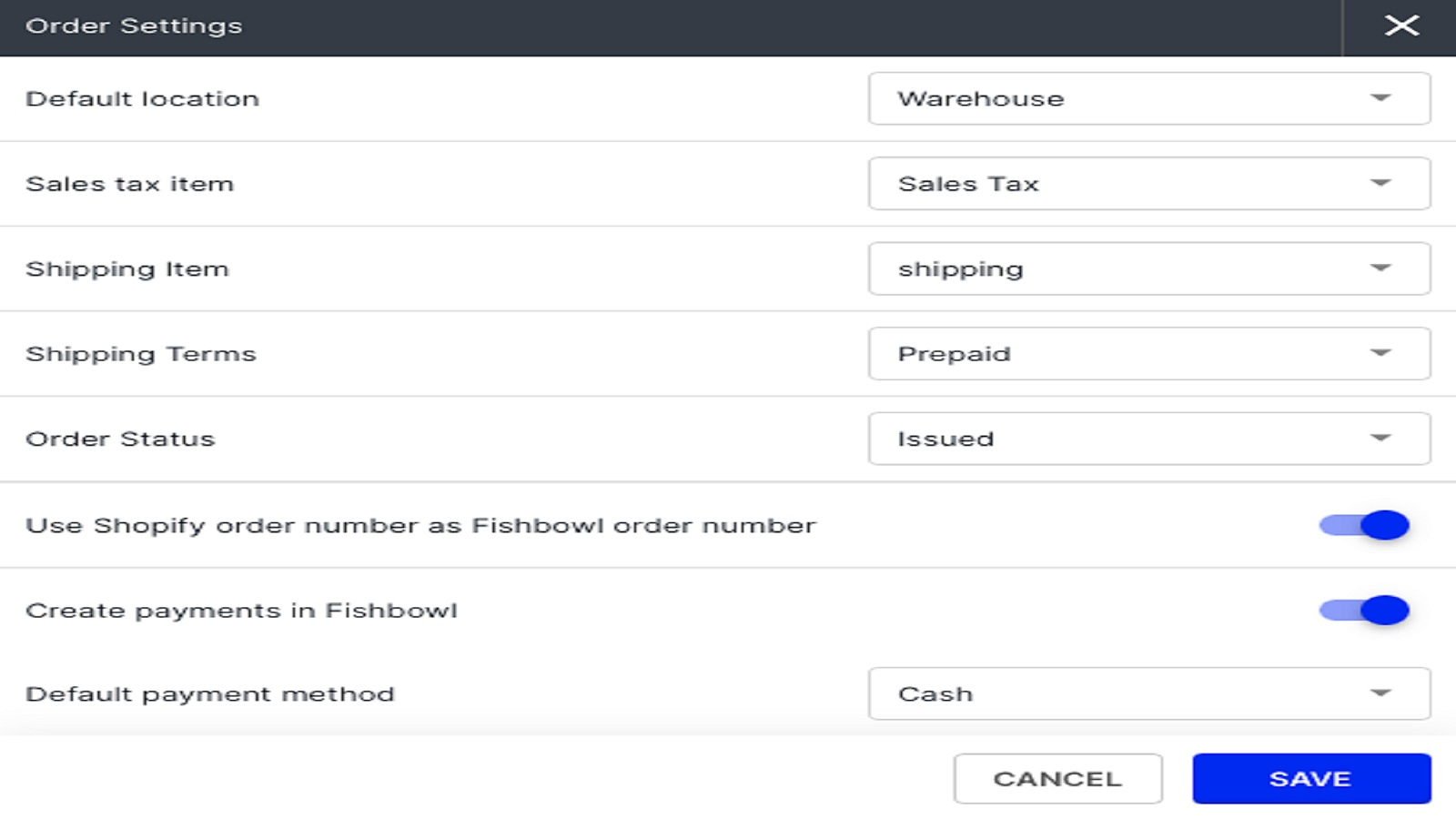 Shopify & Fishbowl Online Order Settings