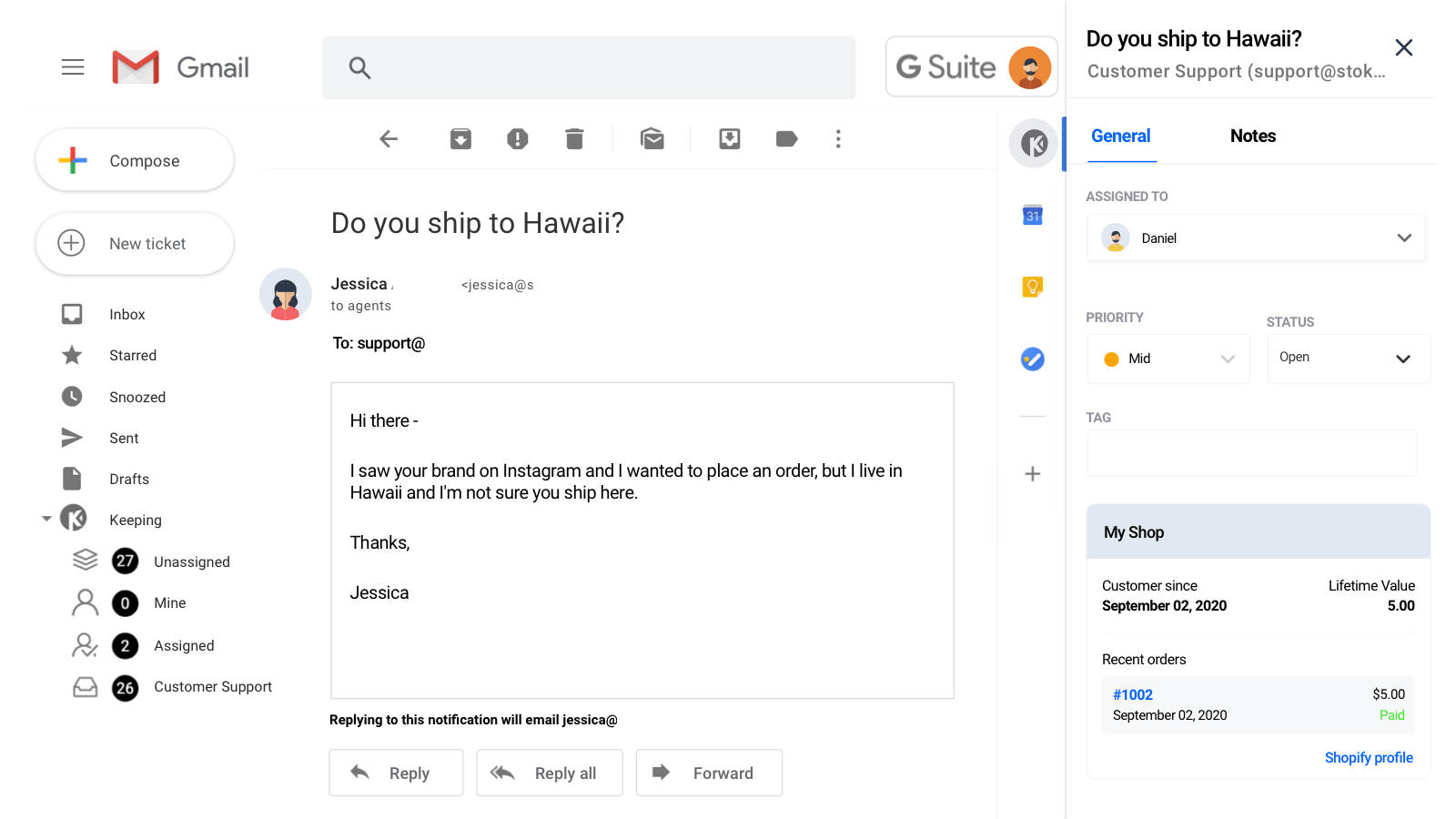 Shopify data right in Gmail with Keeping