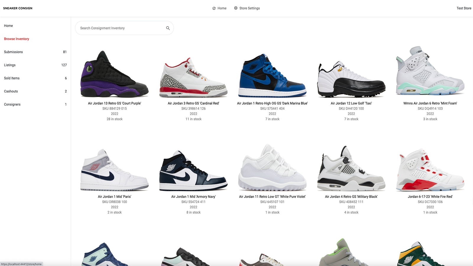 Shopify items synced on Sneaker Consign portal