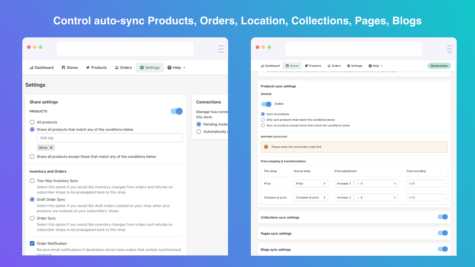 Shopify Multi store sync - Auto order, blog, page, Products