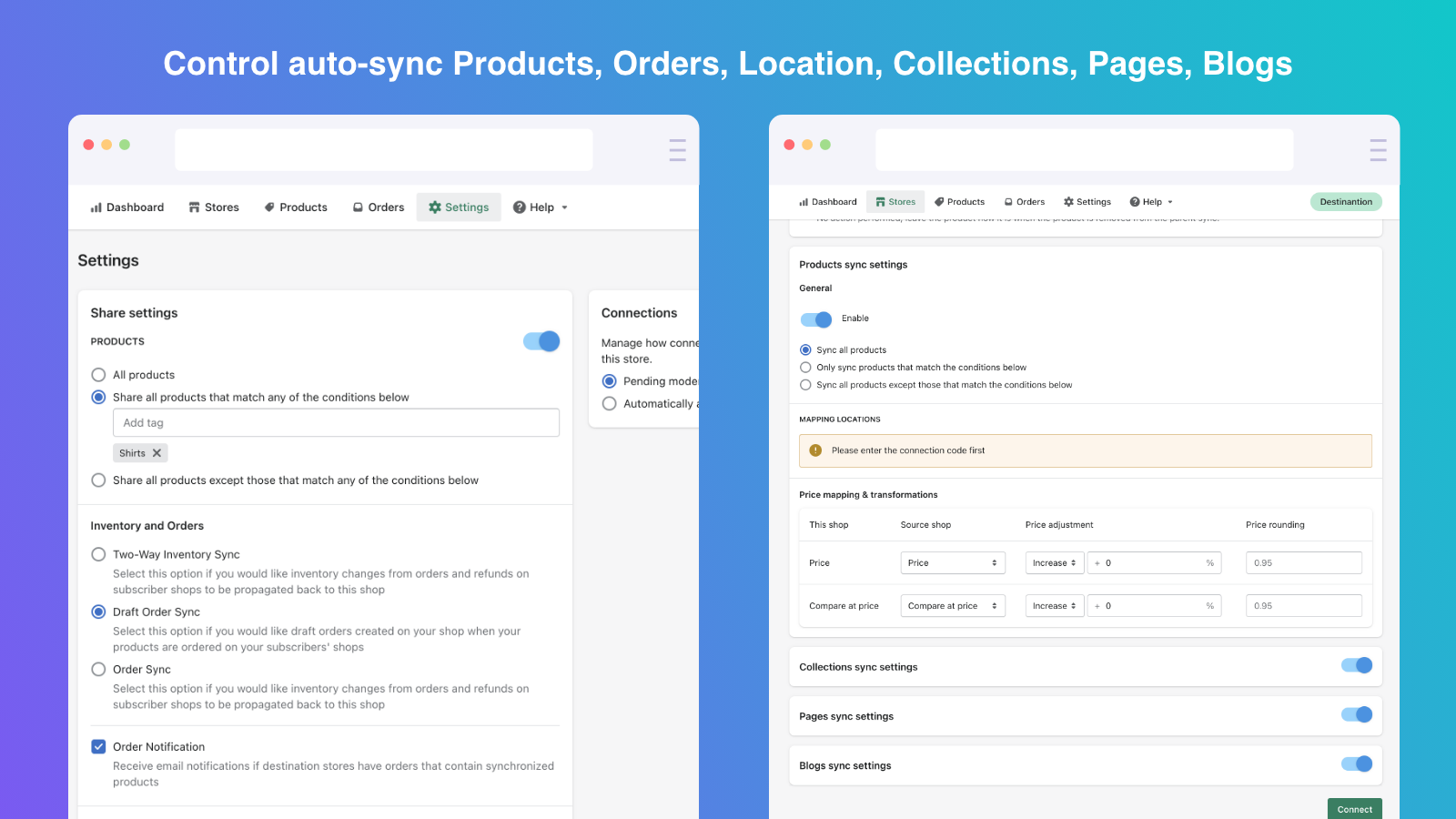 Shopify Multi store sync - Auto order, blog, page, Products