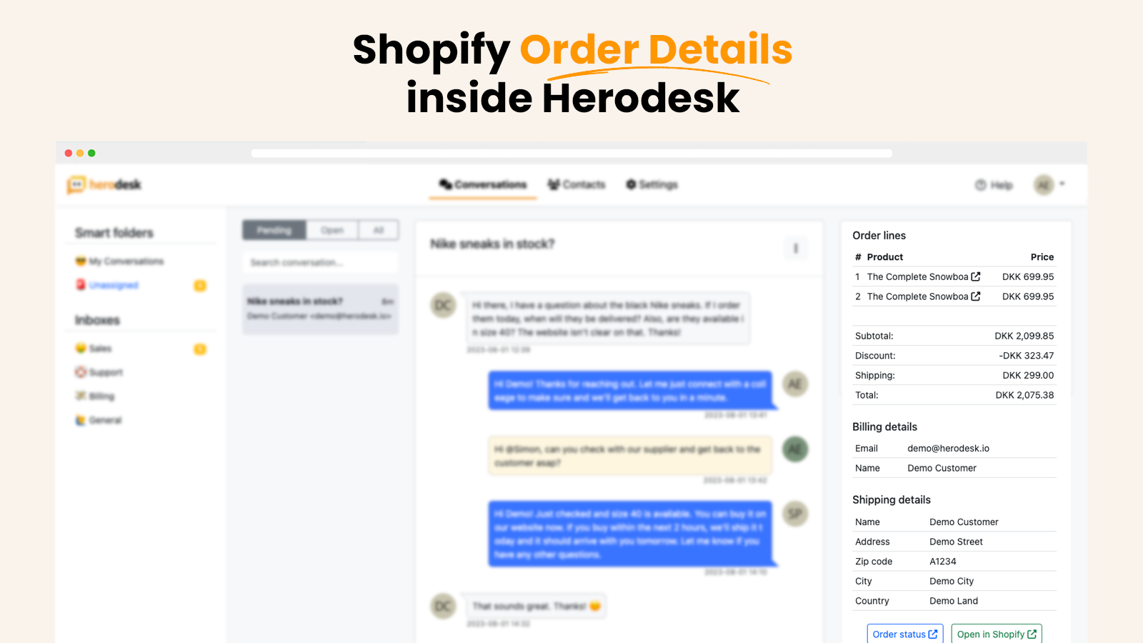 Shopify order details inside Herodesk