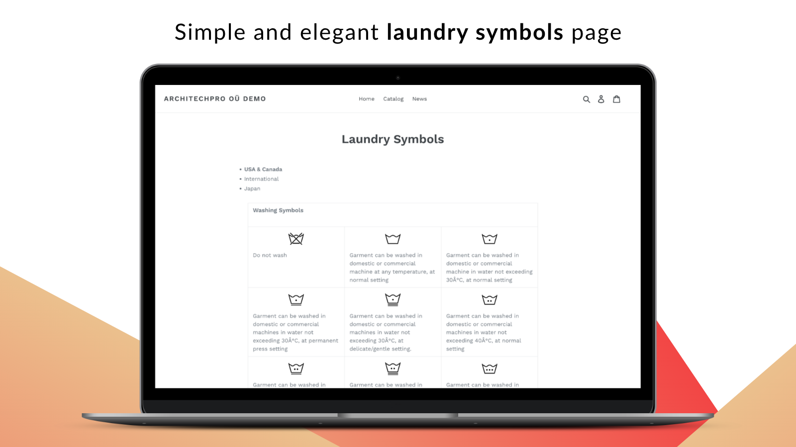 Shopify product care symbols page
