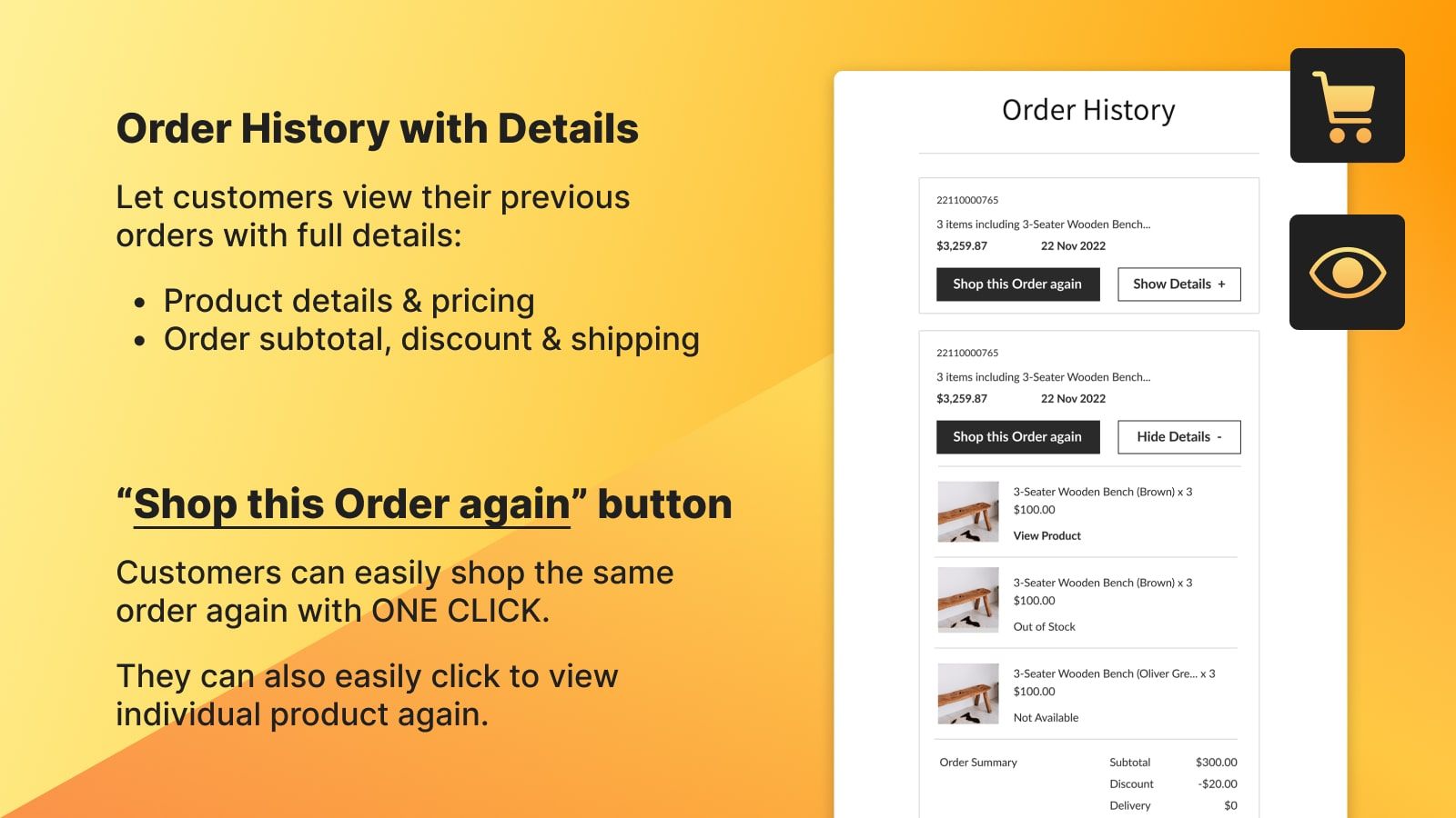 Shopify repeat purchase repeat order reorder with order history
