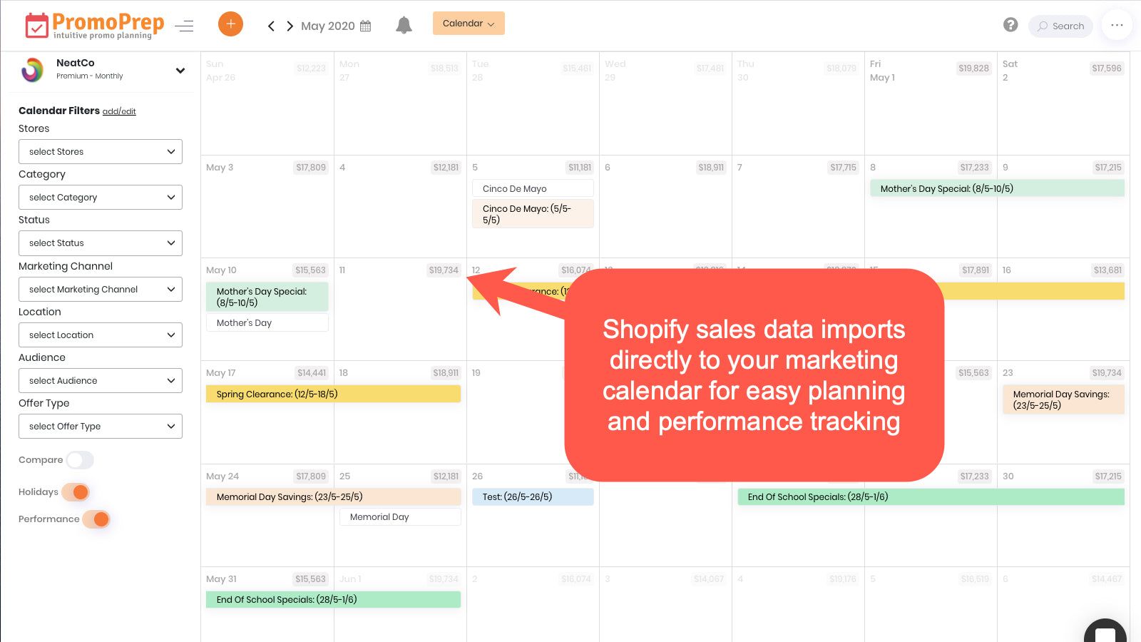 Shopify sales data on marketing calendar