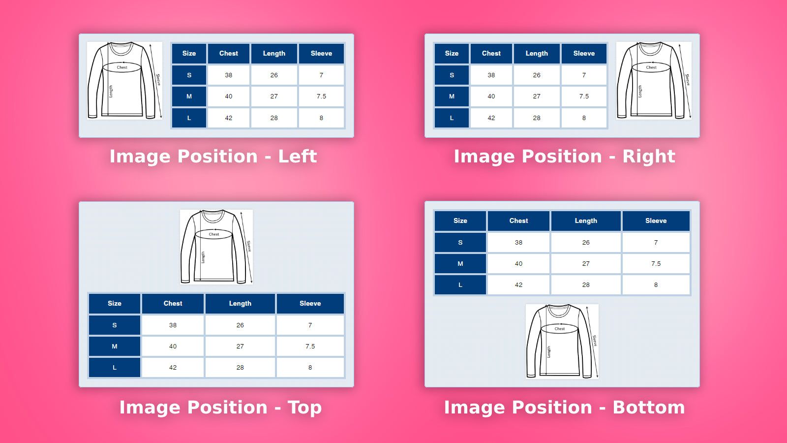 Shopify Size Chart multiple image position options