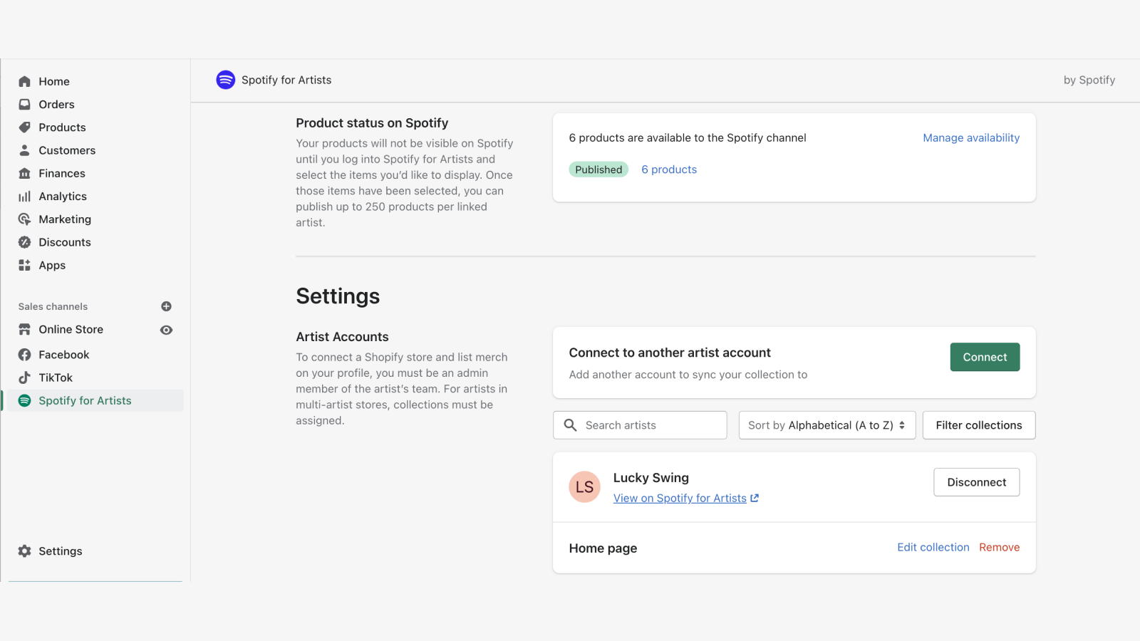 Shopify store admin view showing artist connection screen