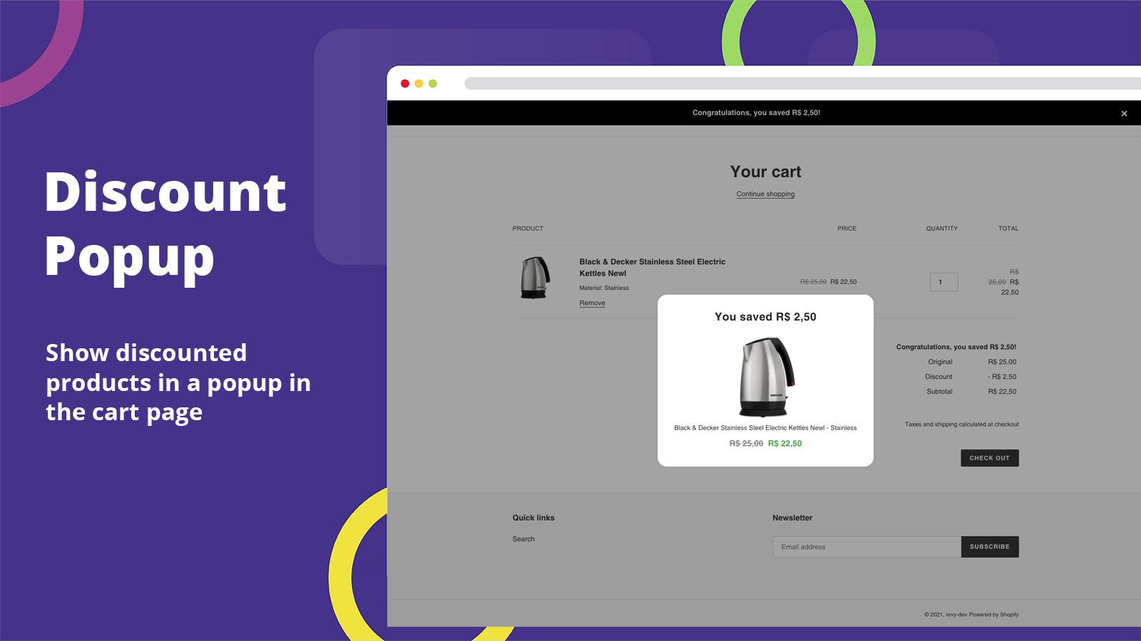 Show a discount popup in the cart page to capture the attention