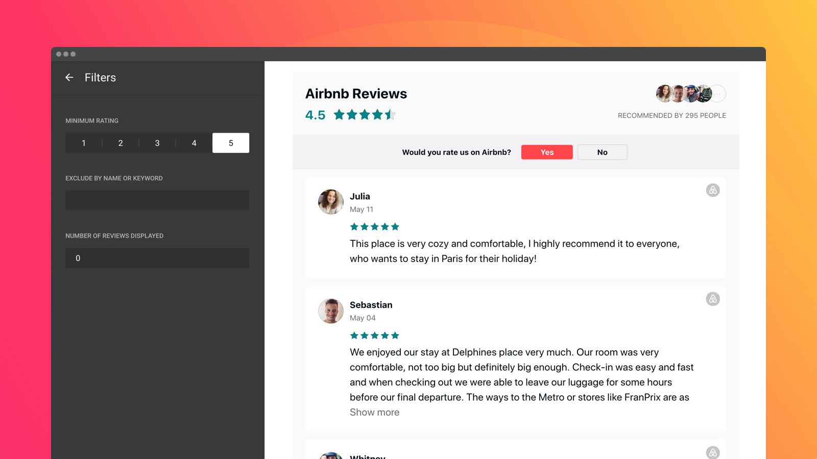 Show Airbnb reviews on your site with 3 content filters