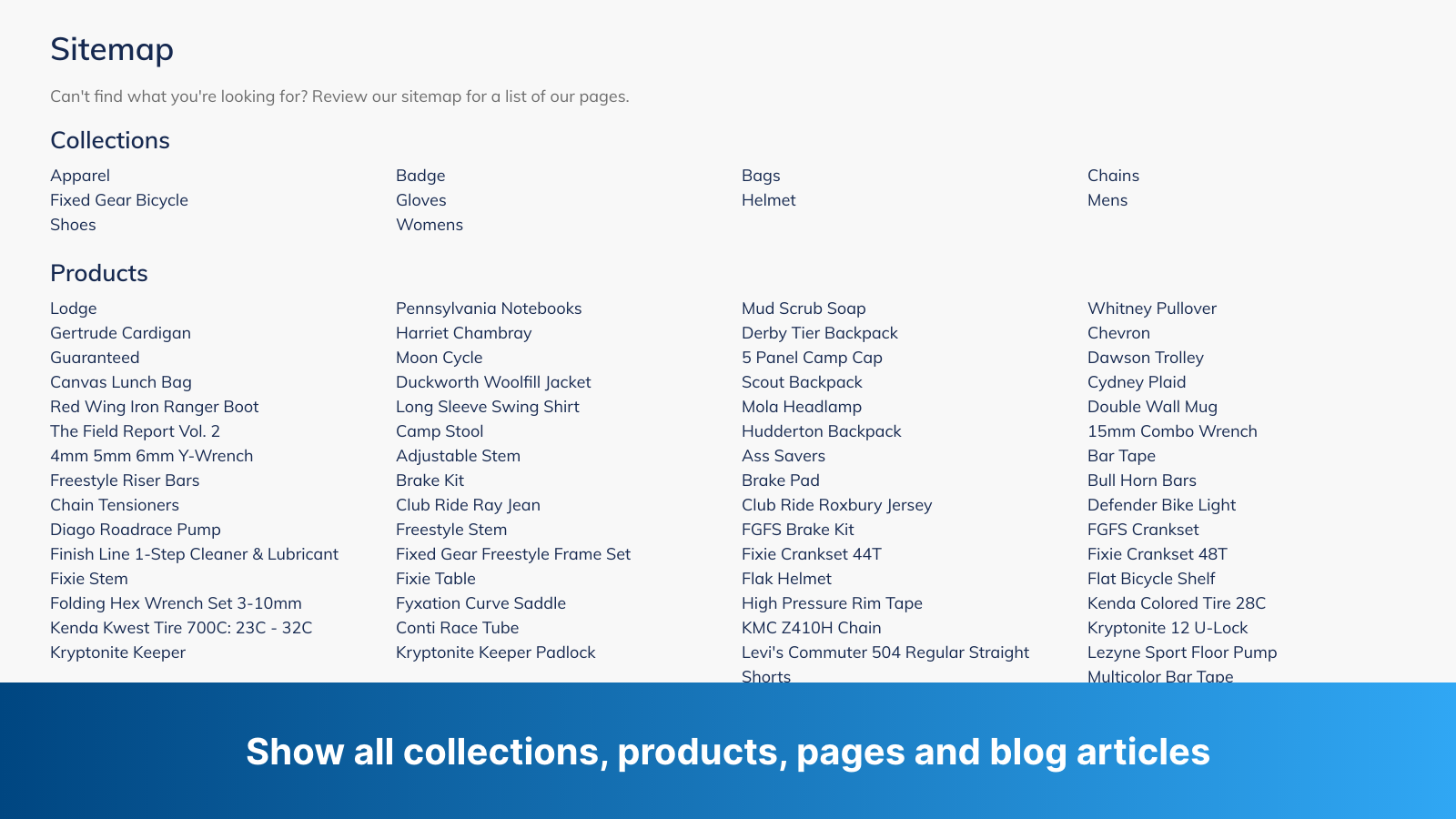Show all collections, products, pages and blog articles