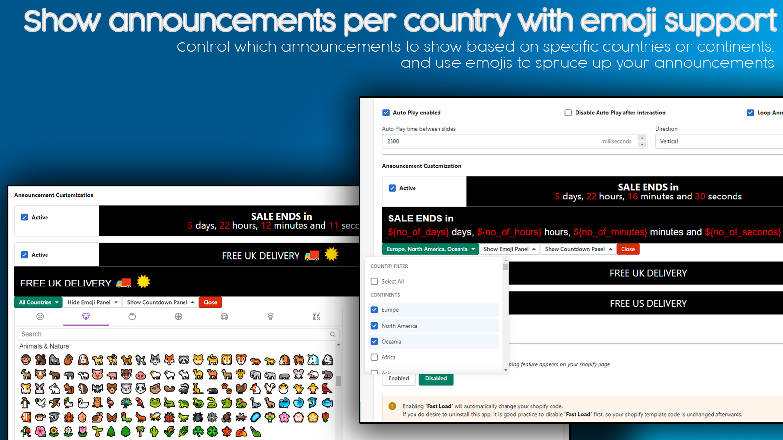 Show announcements per country with emoji support