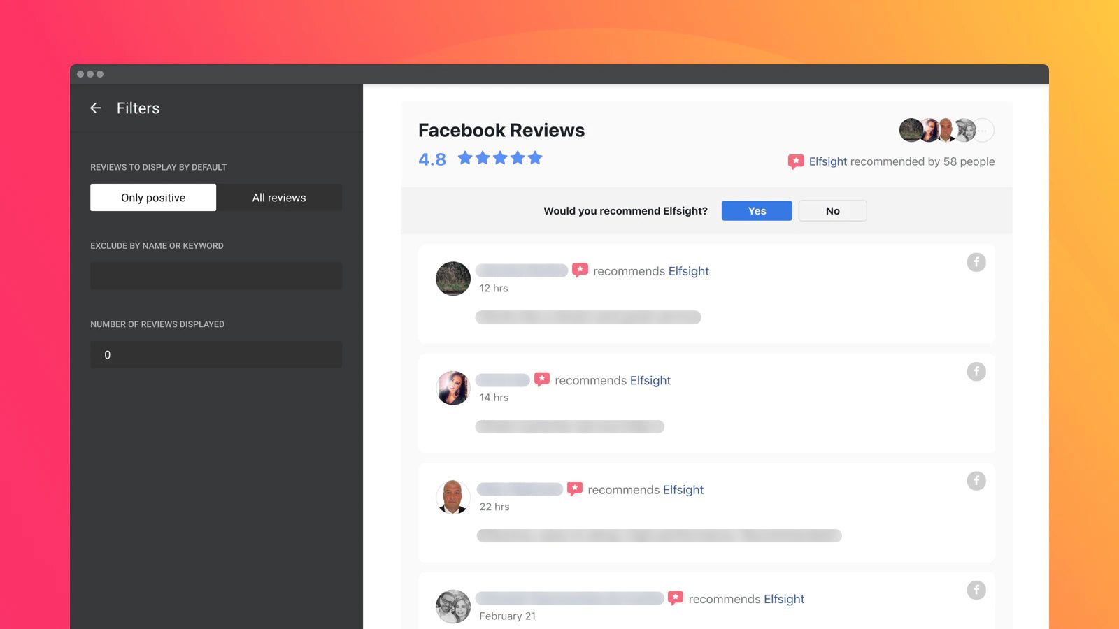 Show Facebook reviews on your site with three filters available