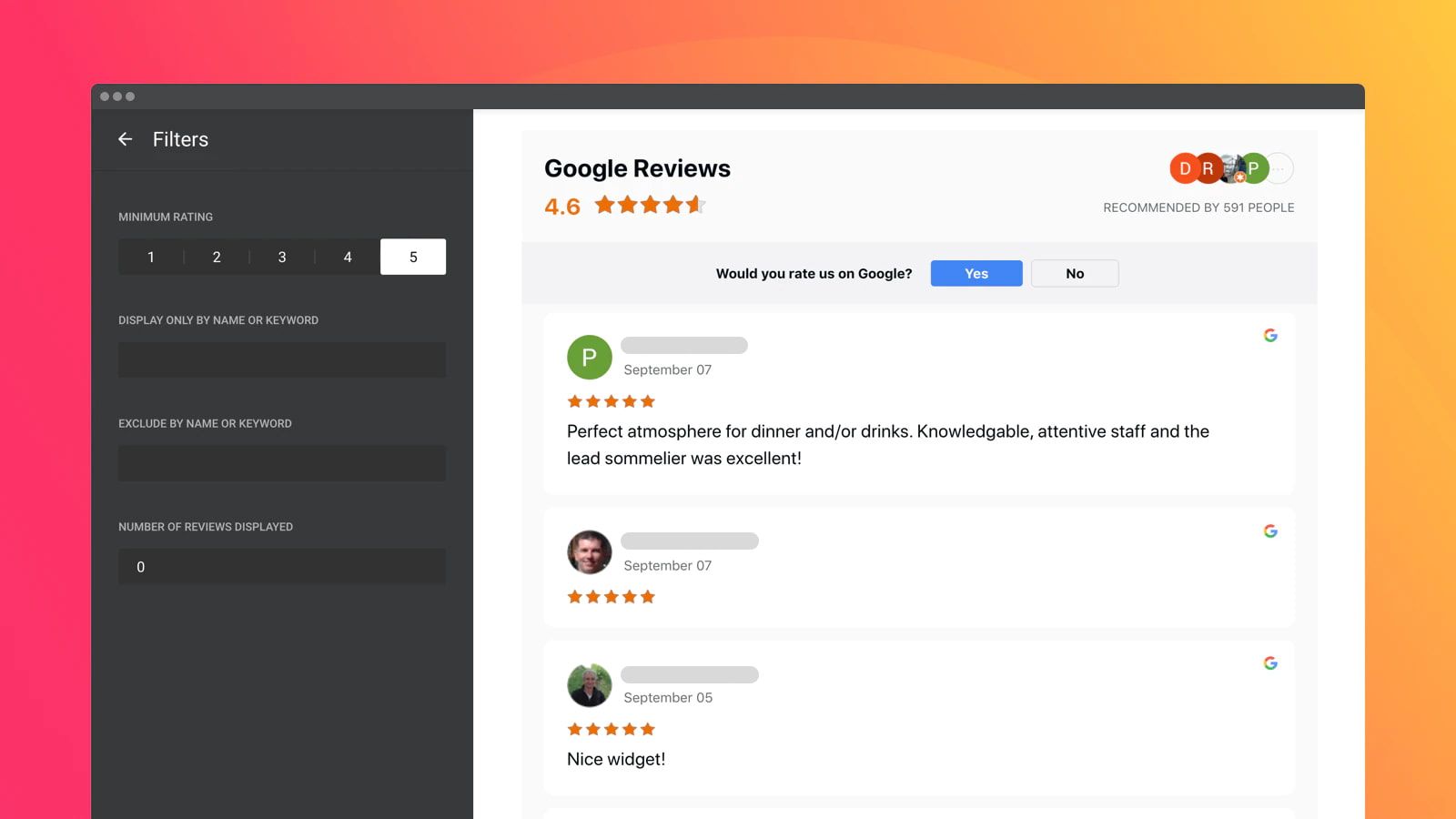 Show Google reviews on your site and use 3 content filters