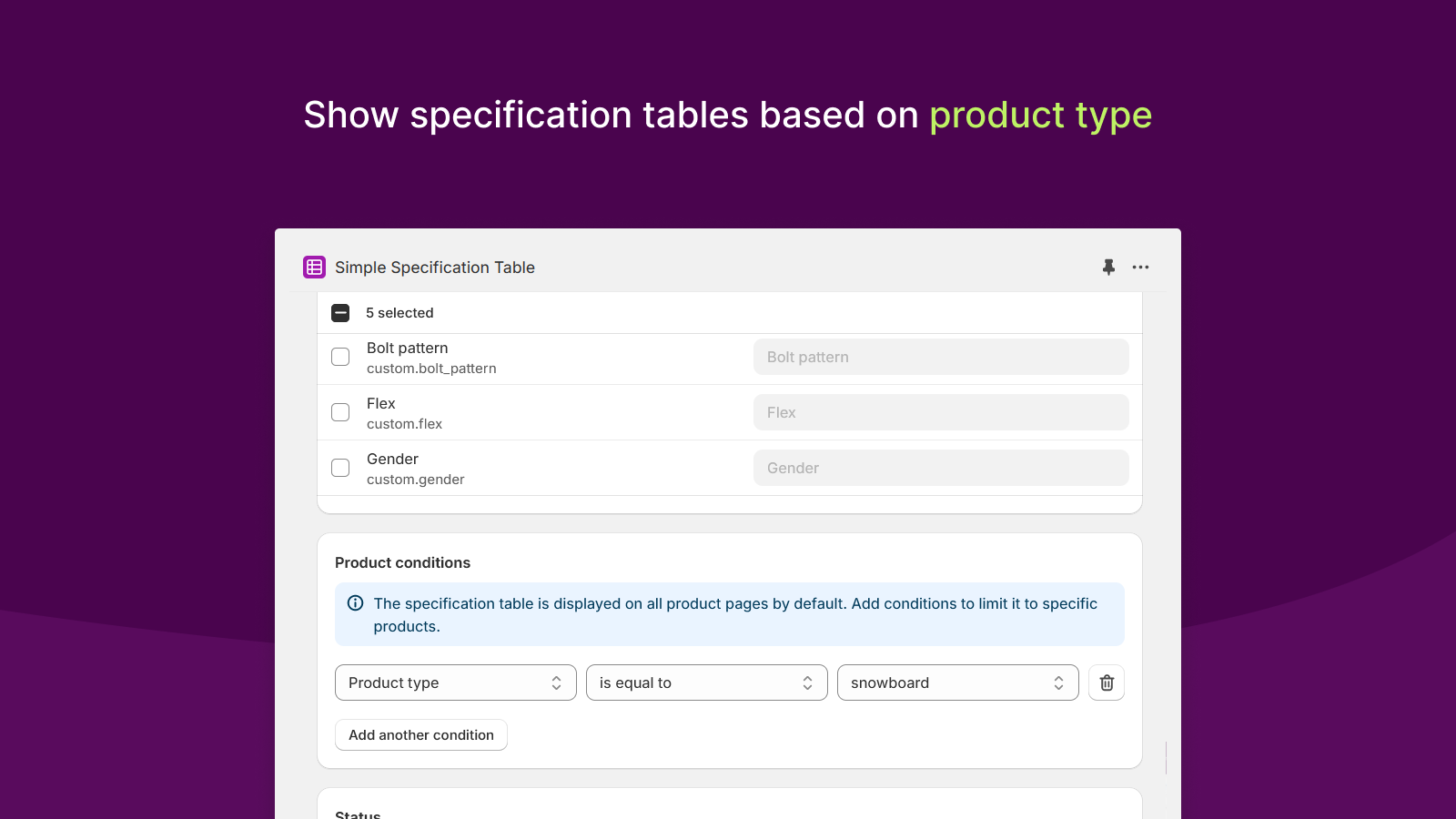 Show specification tables based on product type