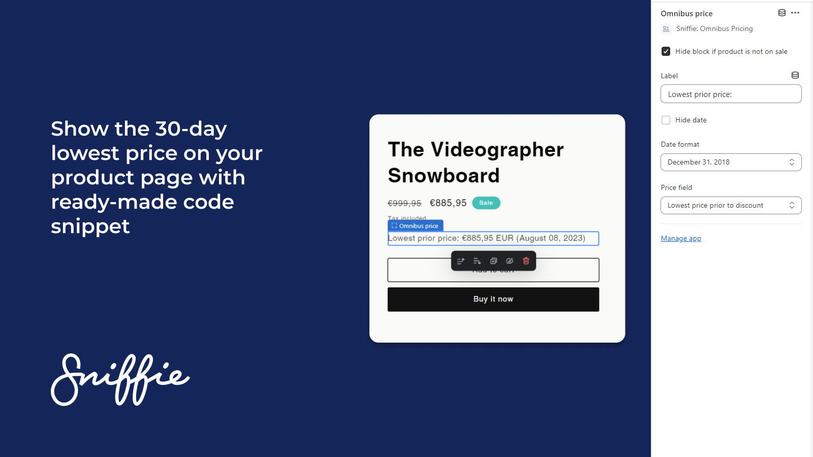 Show to 30-day lowest price with theme extension code snippet