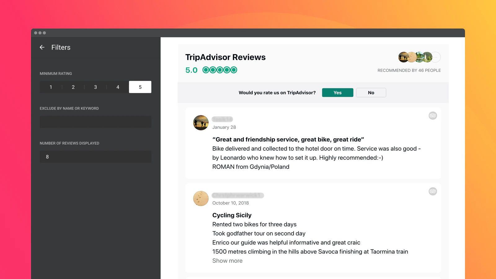 Show TripAdvisor reviews on your site sorting with three filters