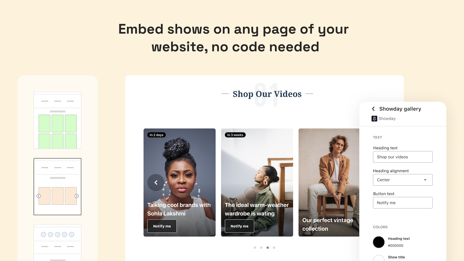 Showday: Embed shows on any page of your website, no code needed