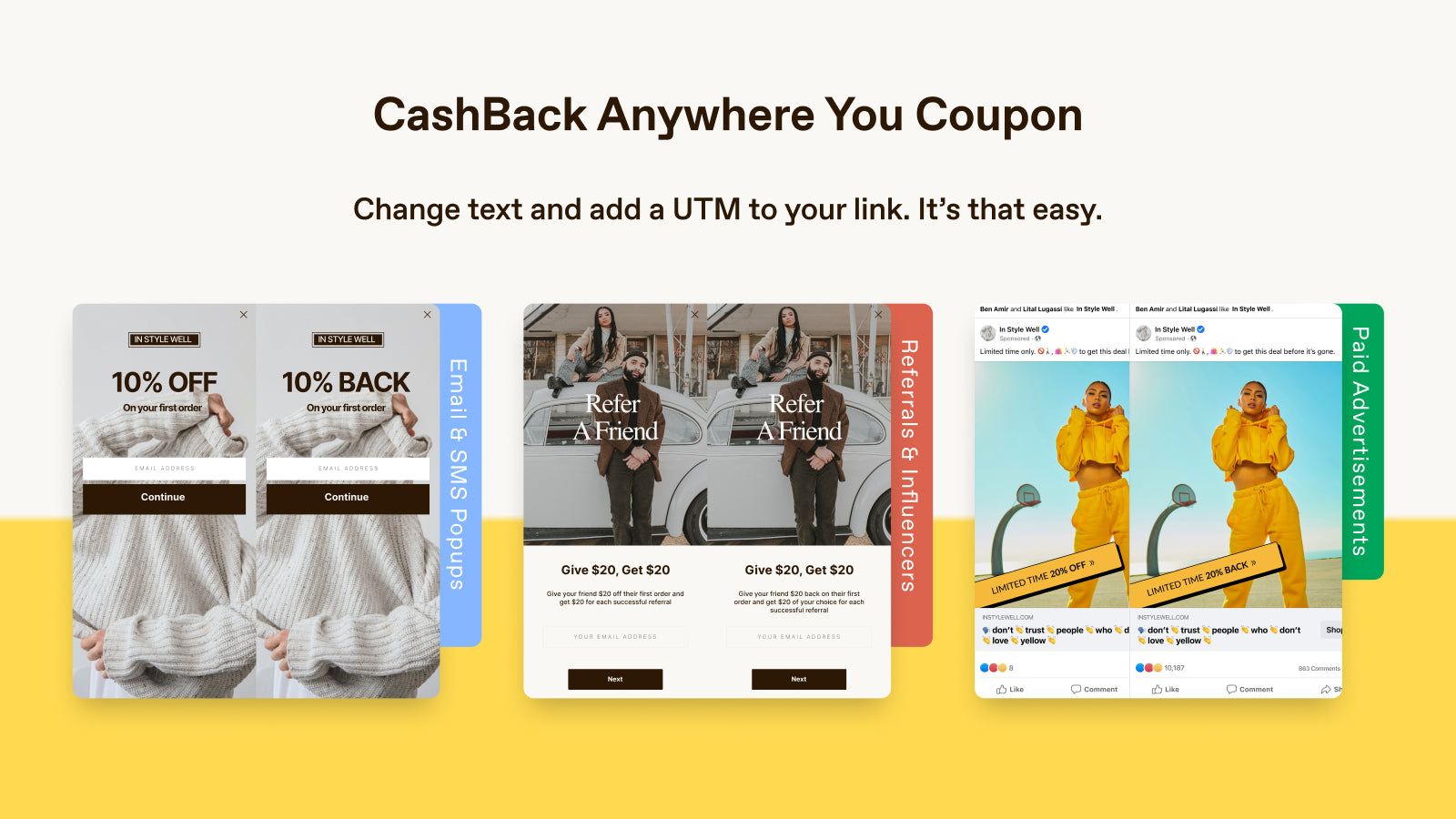 showing use cases of popups referrals and ads for cashback