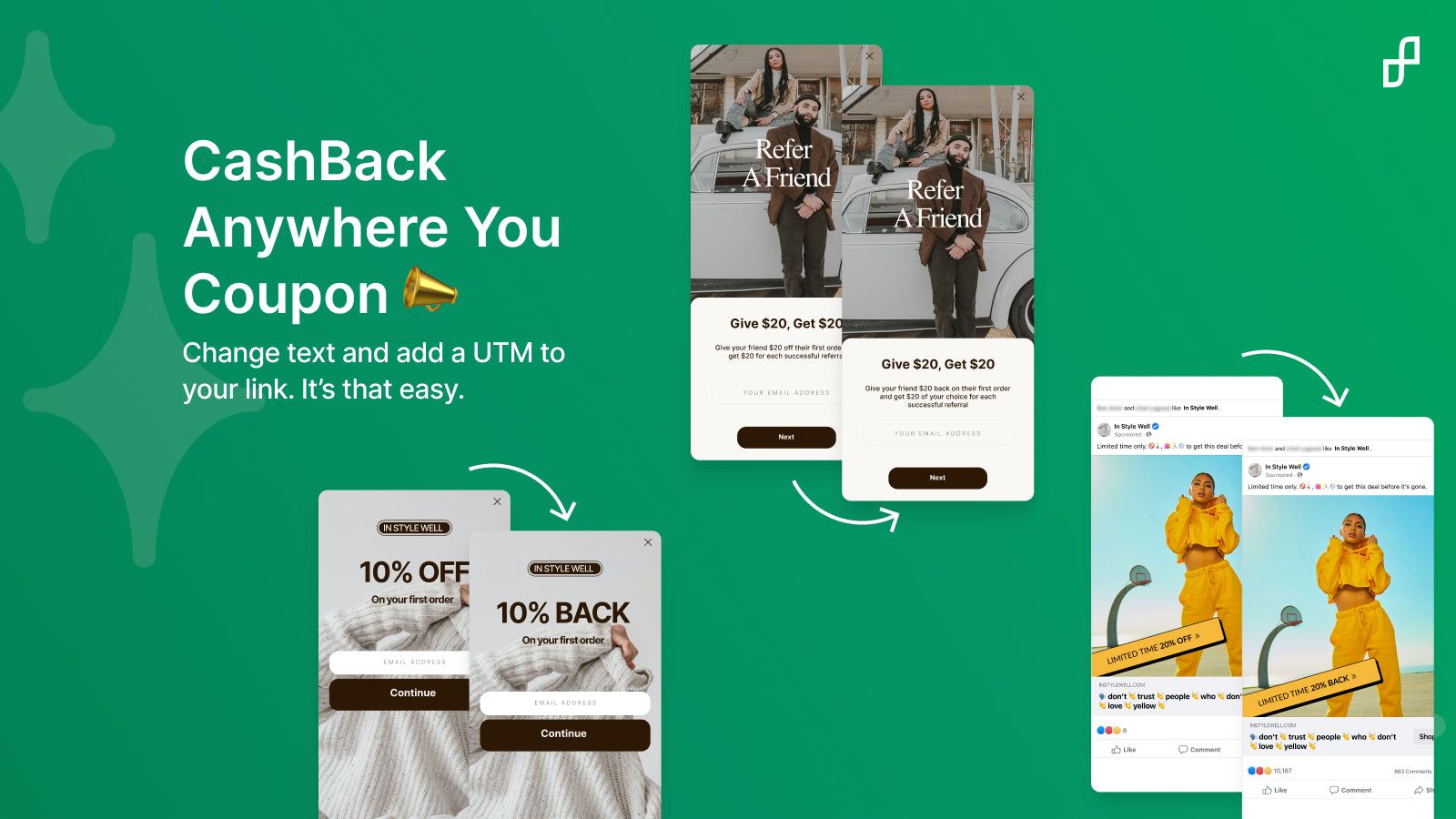 showing use cases of popups referrals and ads for cashback