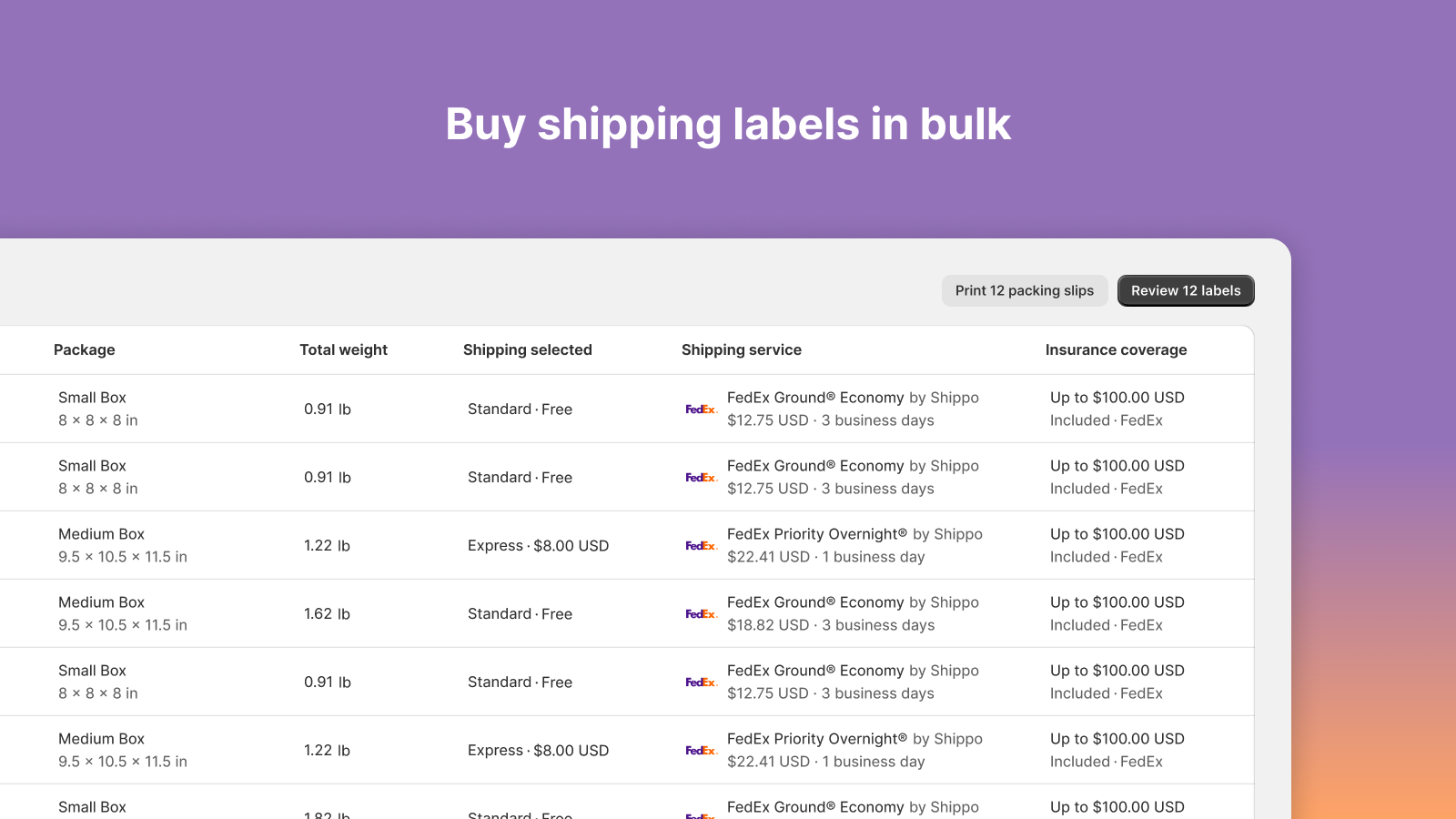 showing various offerings by FedEx, buy shipping labels in bulk