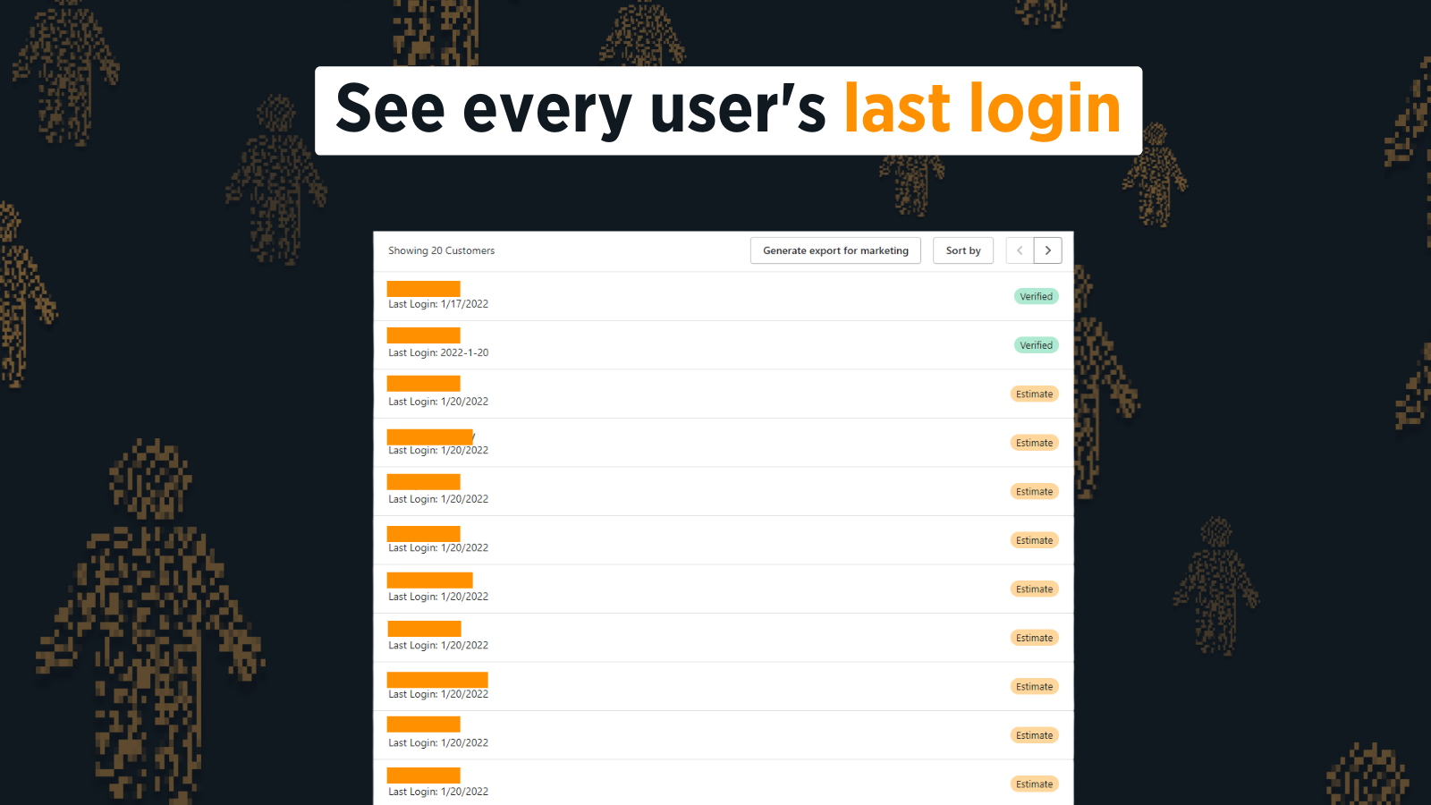shows a list of customers and their login data