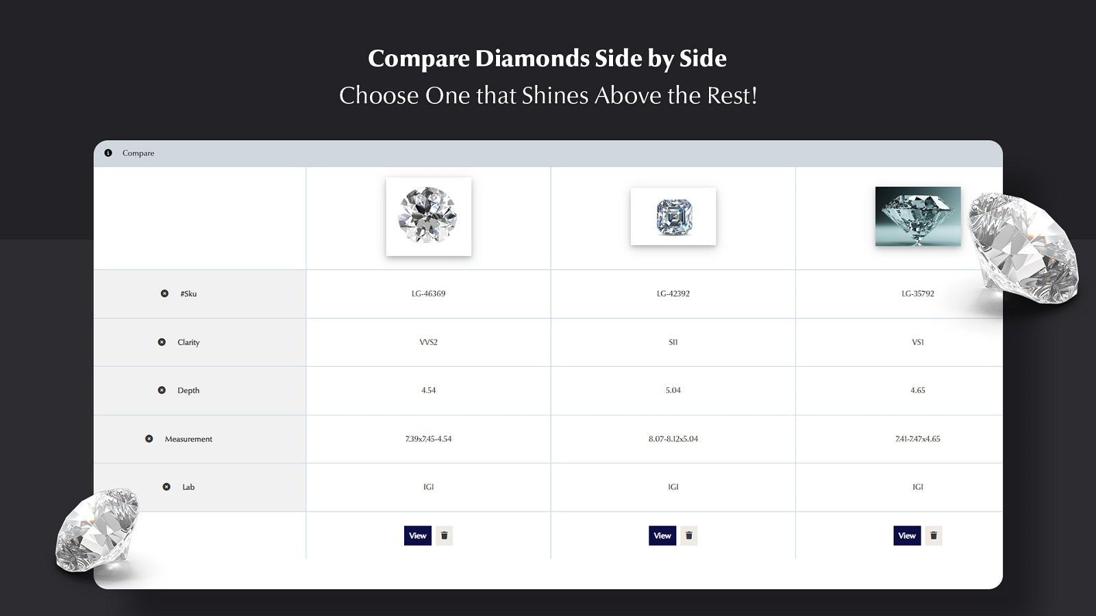  Side-by-side diamond comparison feature.