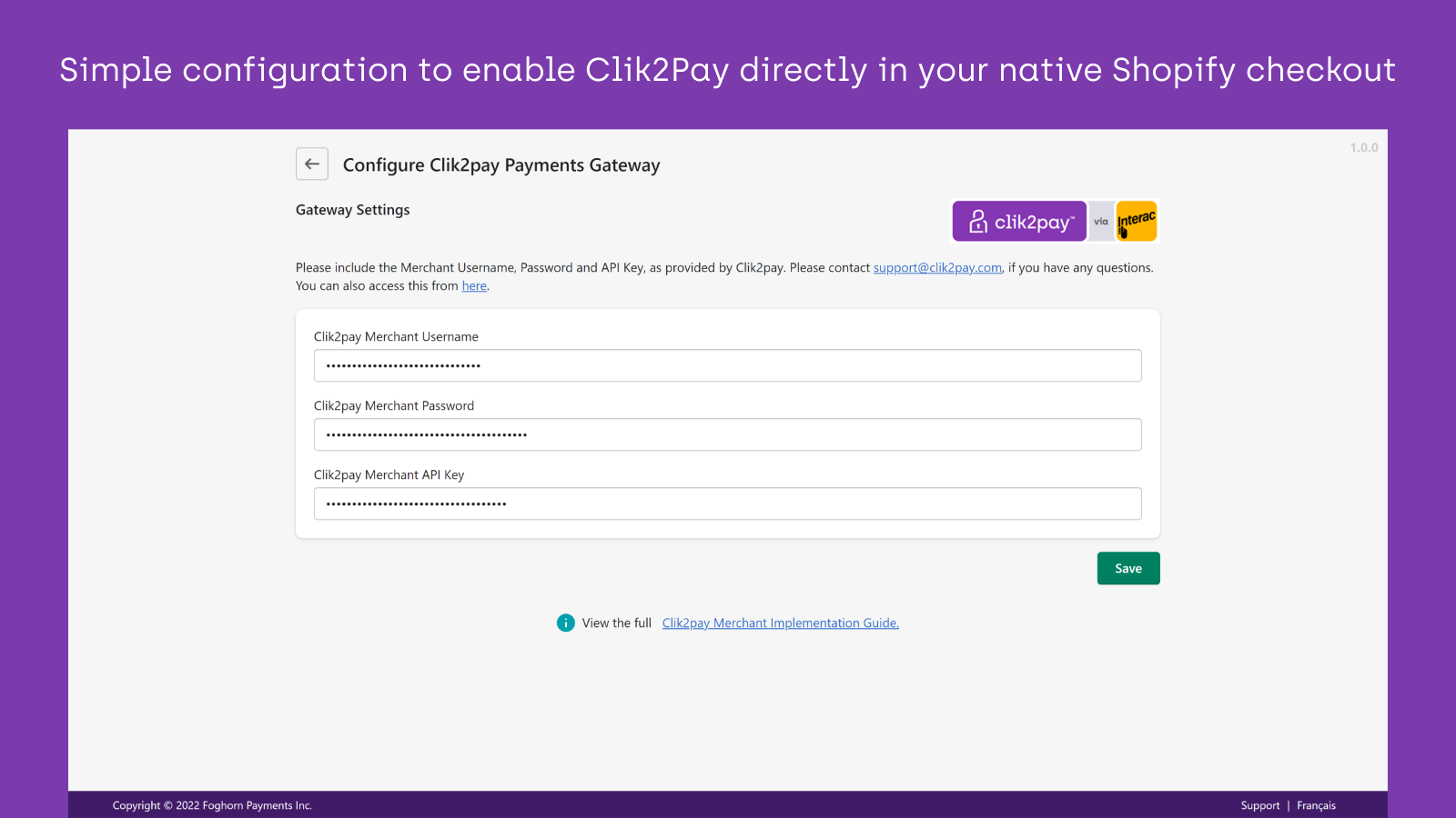 Simple configuration to enable Clik2Pay directly in Shopify