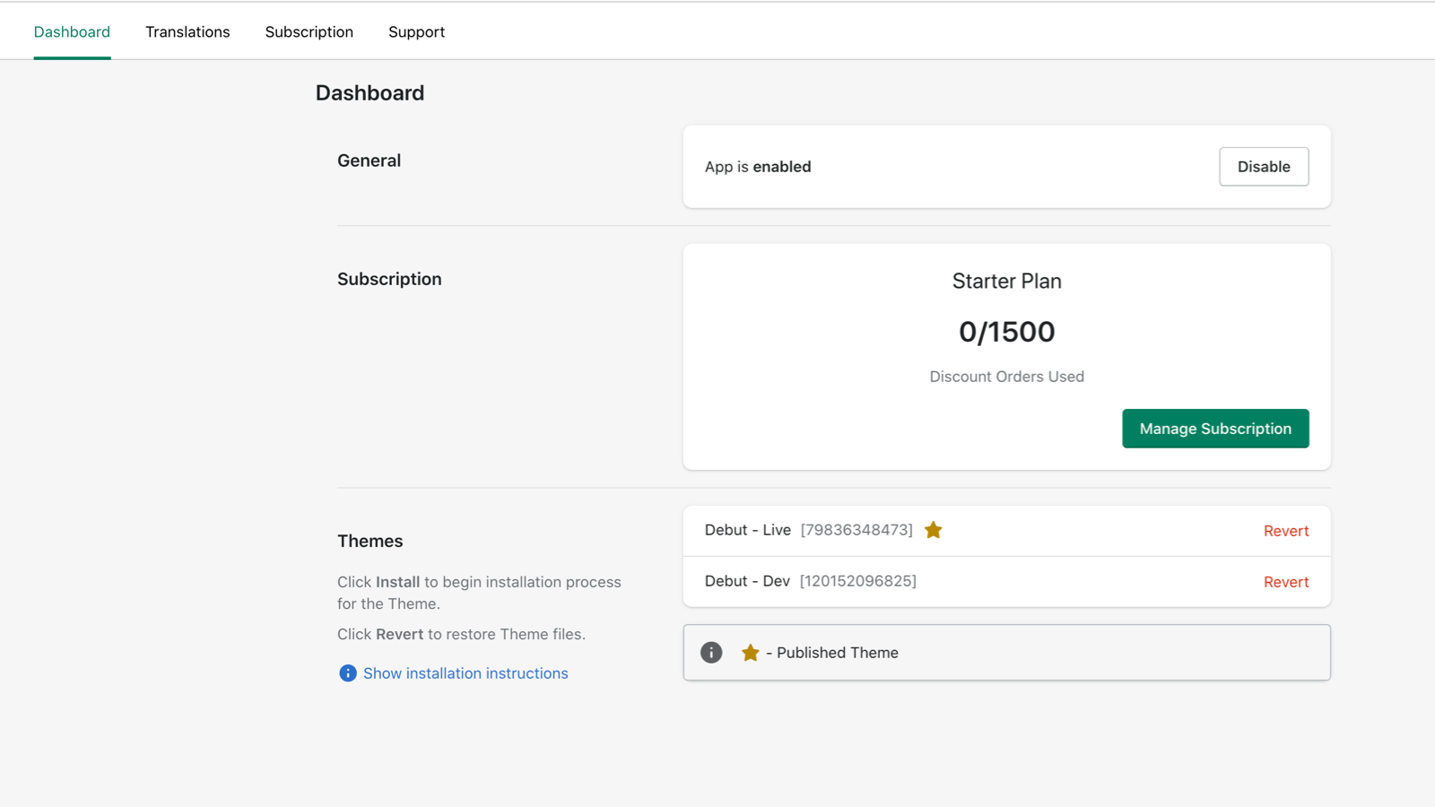 Simple dashboard for installation, subscription and enable 