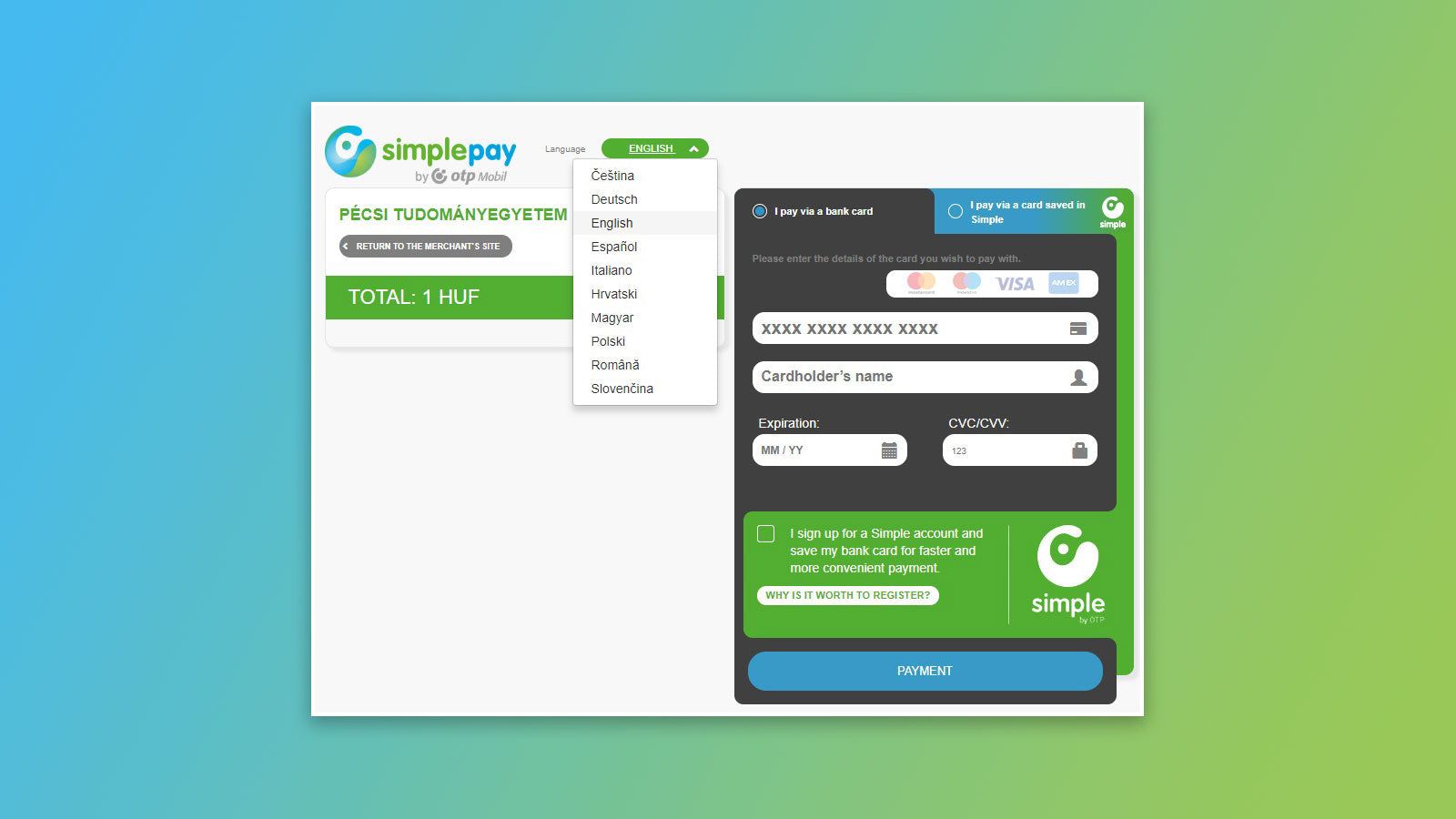 SimplePay for Shopify payment screen