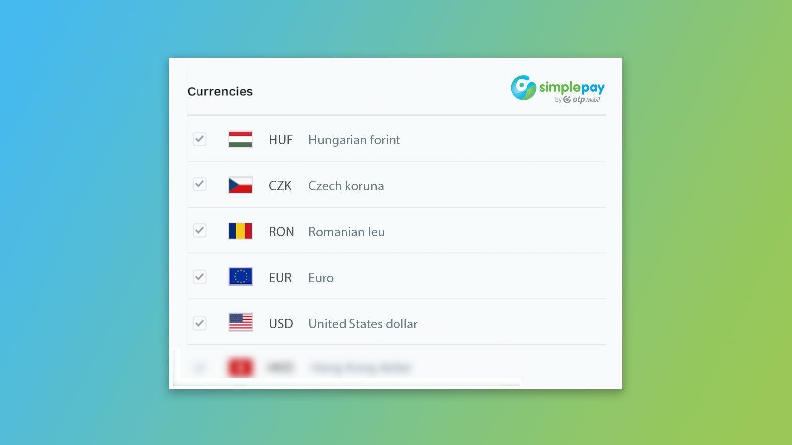 SimplePay for Shopify supported currencies (HUF, EUR, USD)