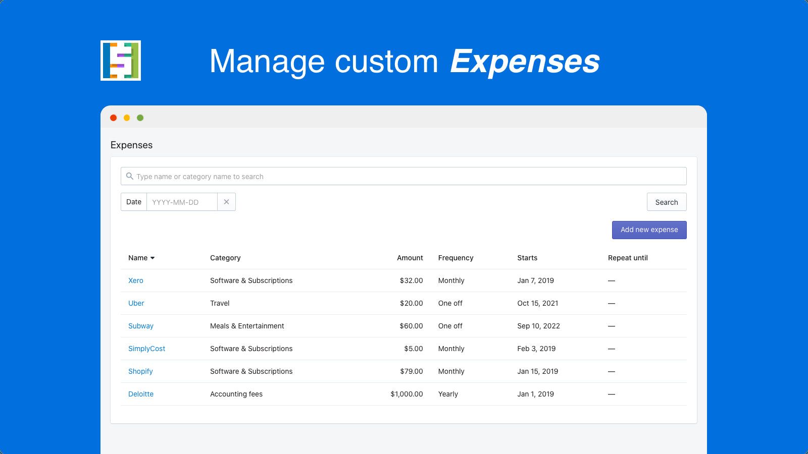 SimplyCost manage custom expenses
