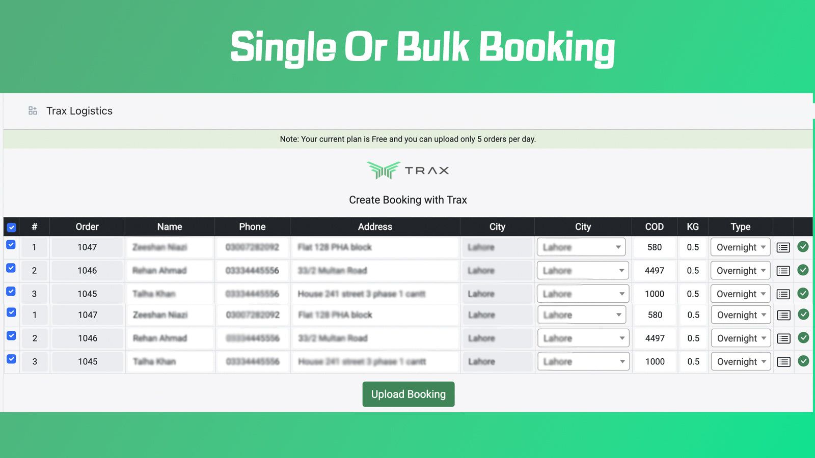 Single or Bulk Booking