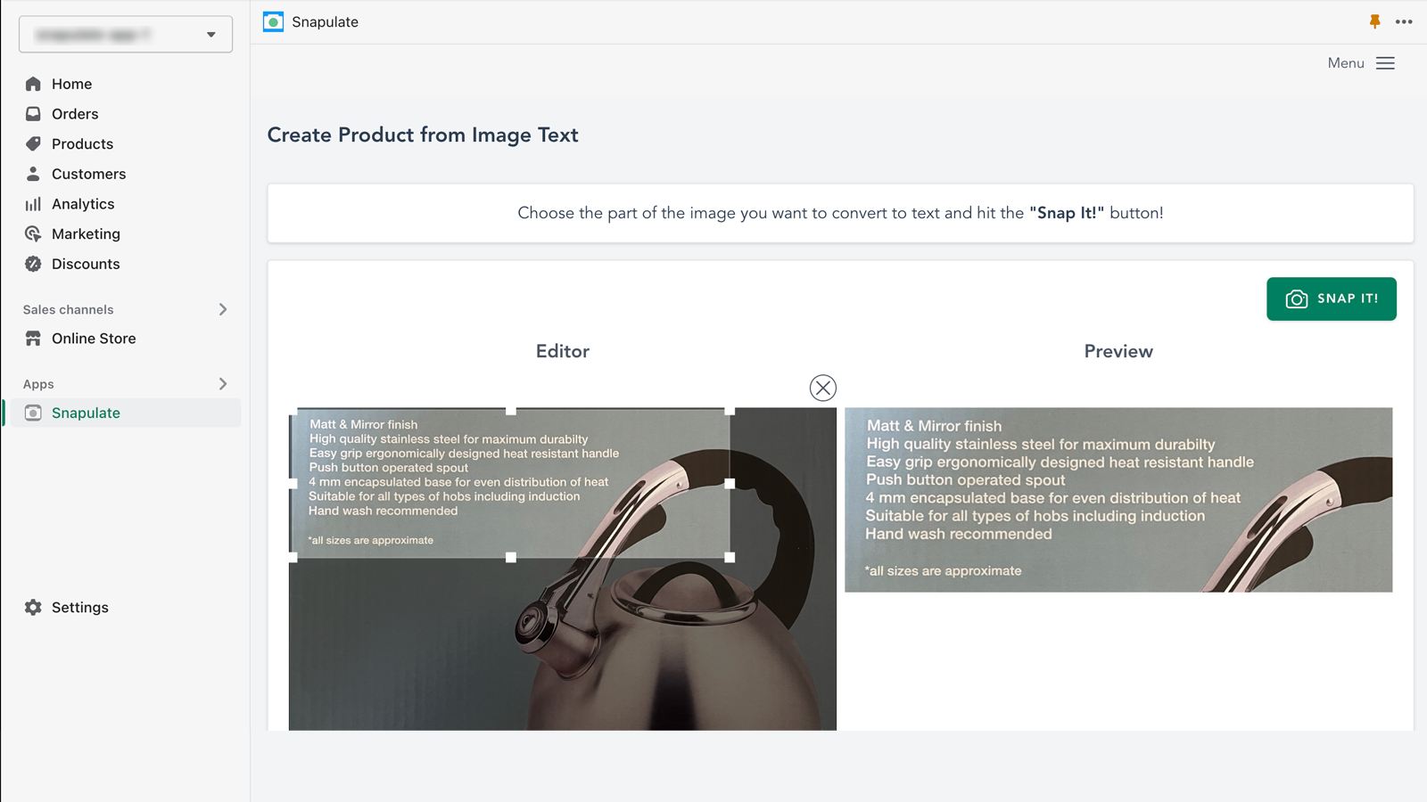 Snapulate's create product from image page