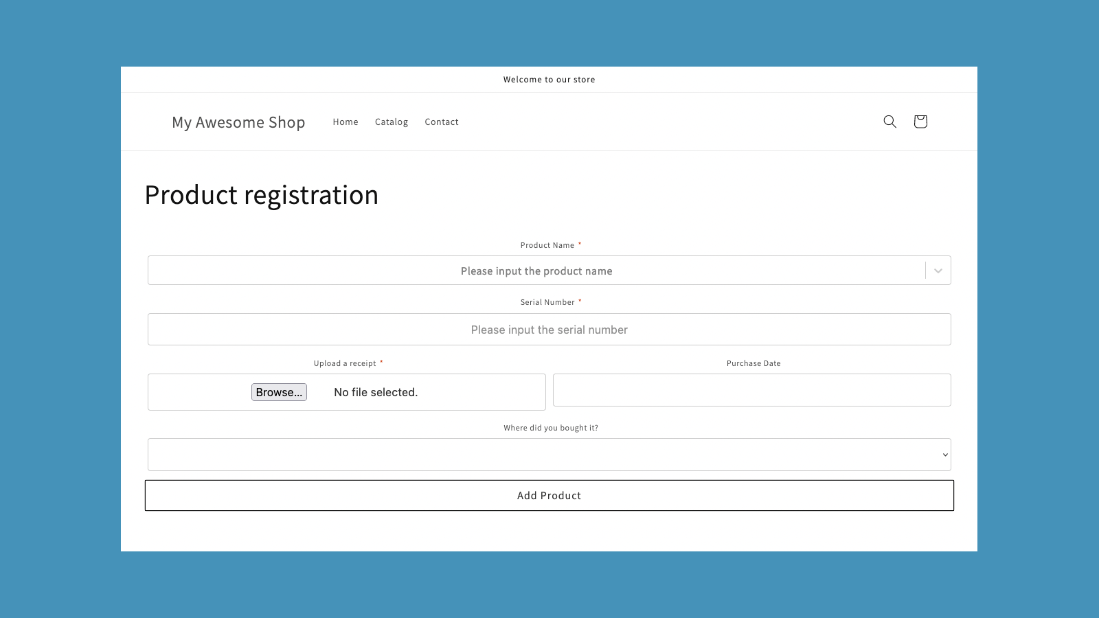Stage 1. Register product with dropdown and upload image etc