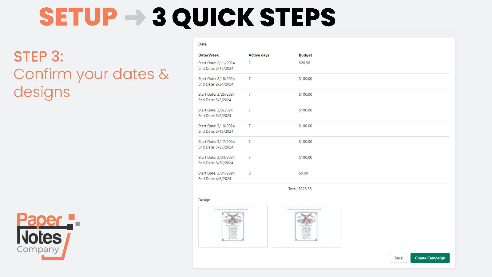 Step 3 Confirm dates and design