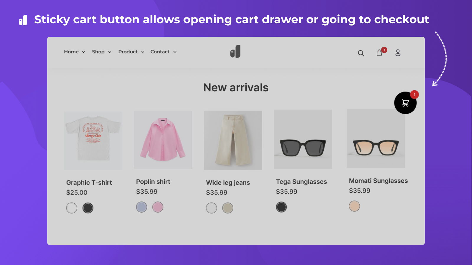Sticky cart button allows opening cart draw or going to checkout