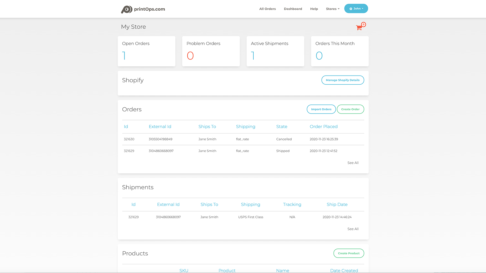 Store dashboard view