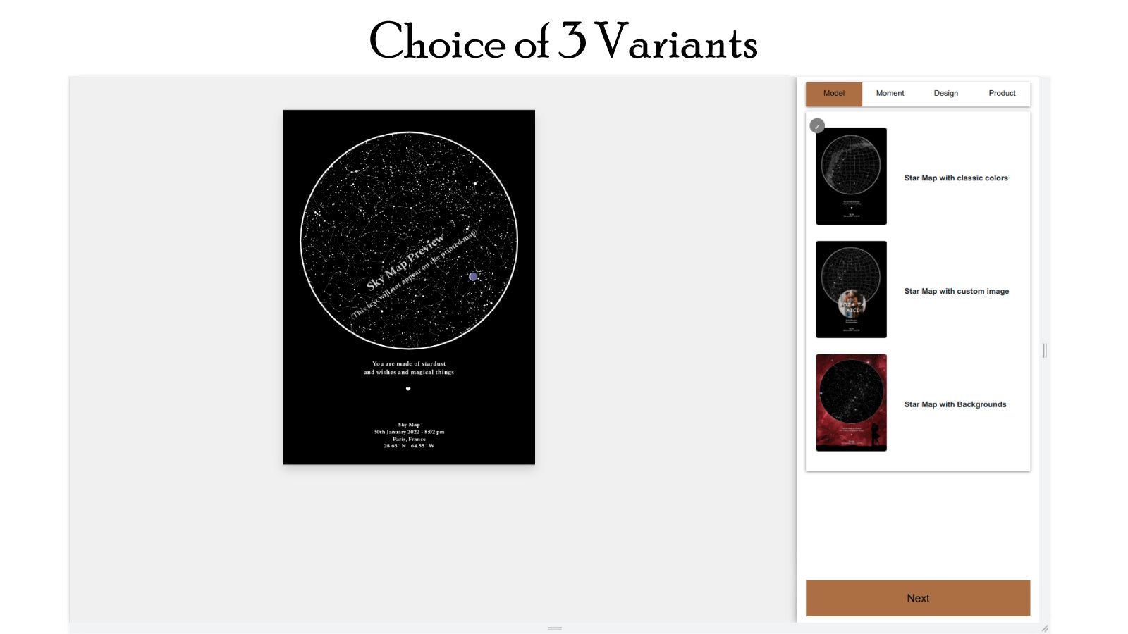 Storefront view - Choice of different models of star map