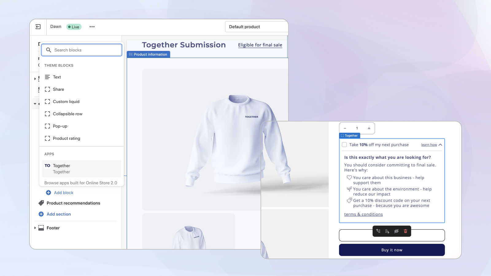 Storefront widget screenshot on purple background