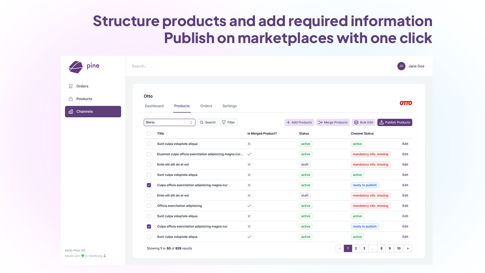 Structure products and add required information. Publish them.