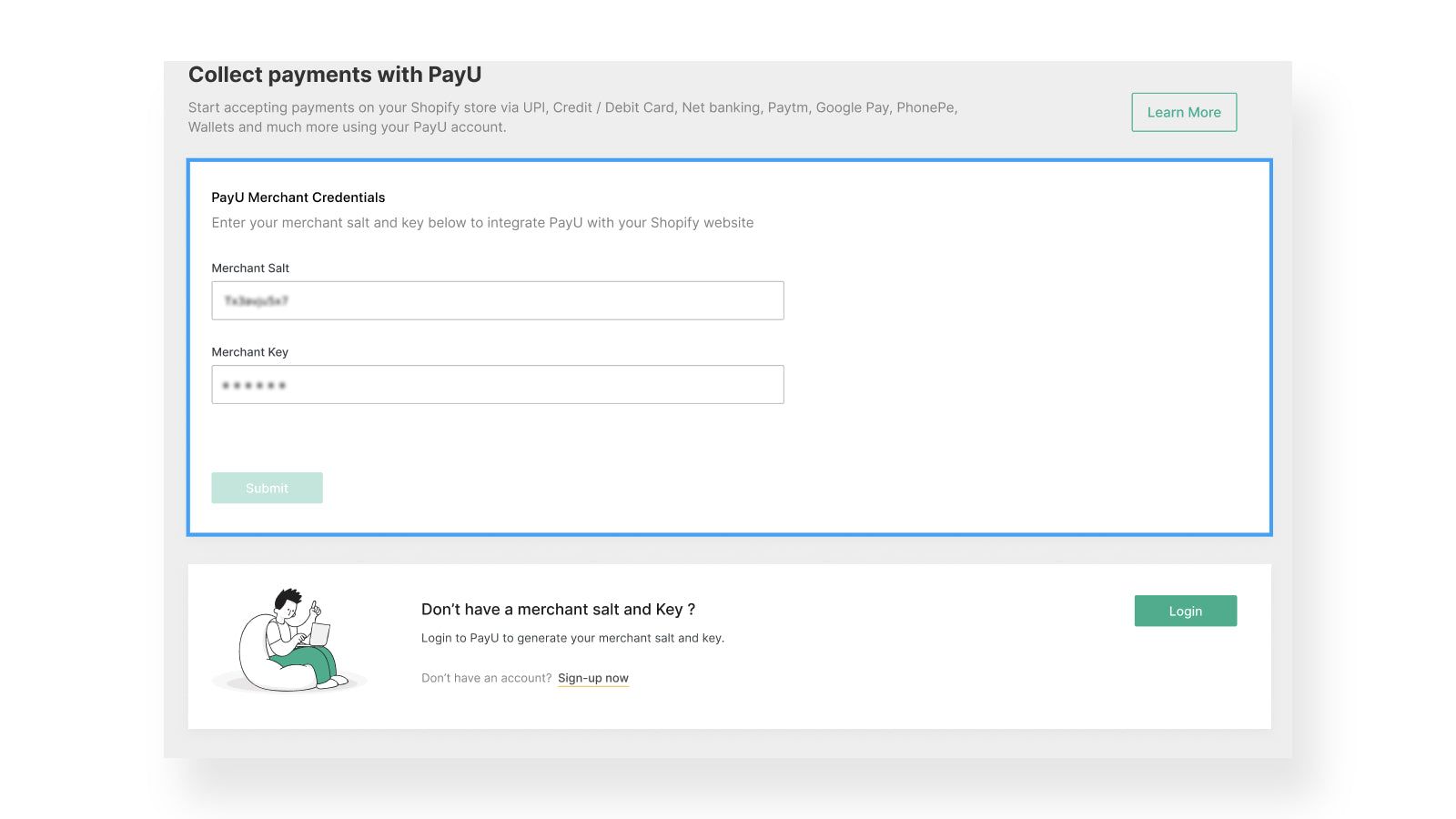 Submit your key and salt to start using PayU on your website