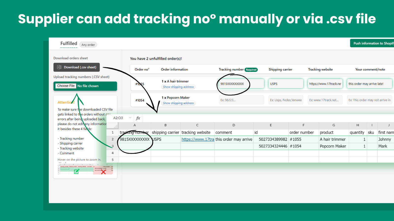 Supplier can update orders manually or by uploading a CSV file.