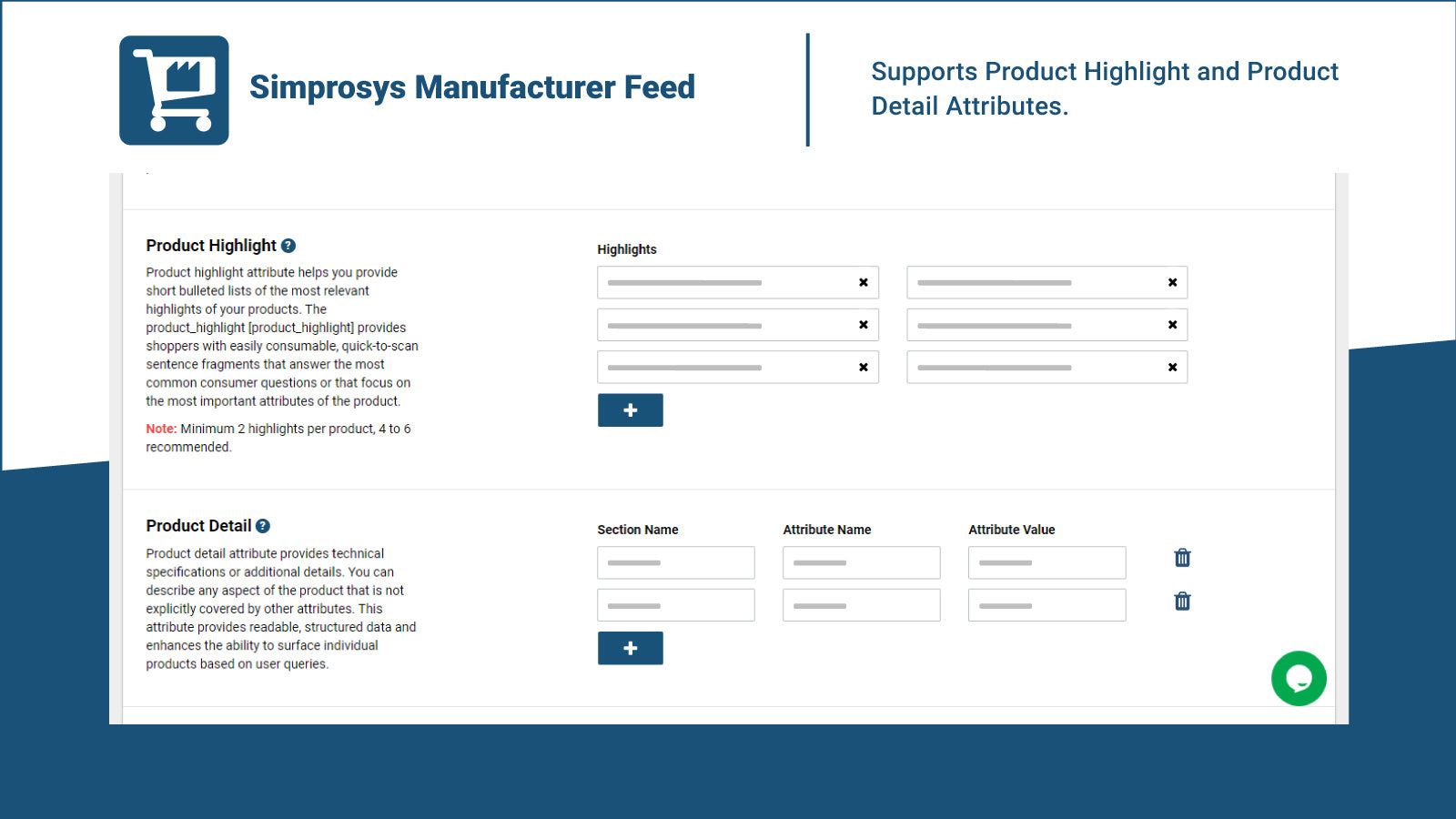 Supports Product Highlight and Product Detail Attributes