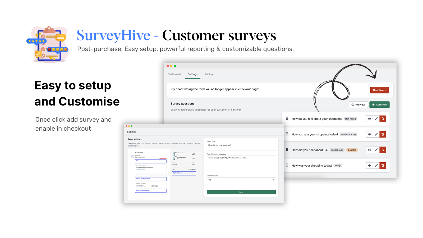 SurveyHive Customer survey admin settings
