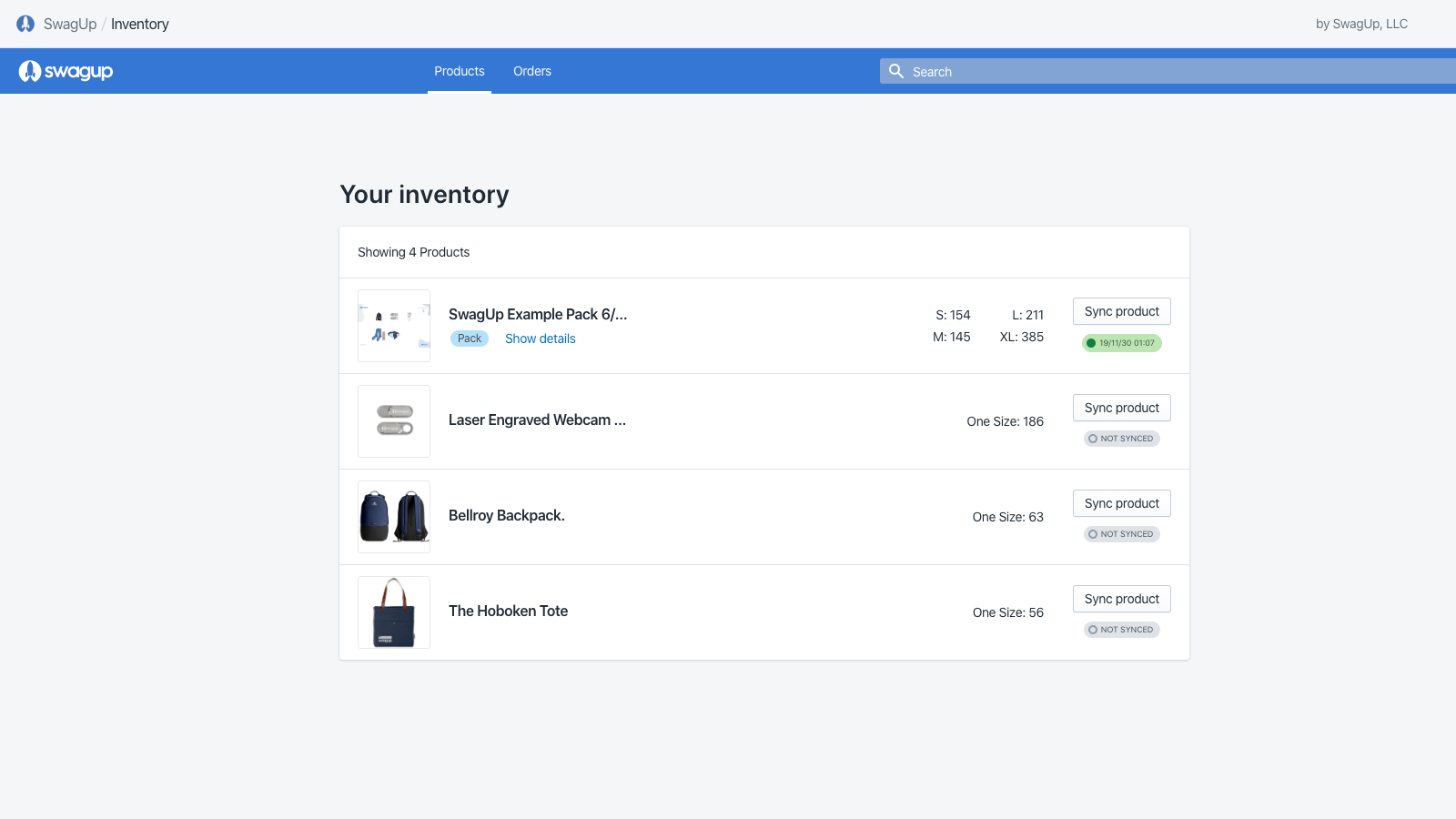 SwagUp - Shopify App Inventory Page