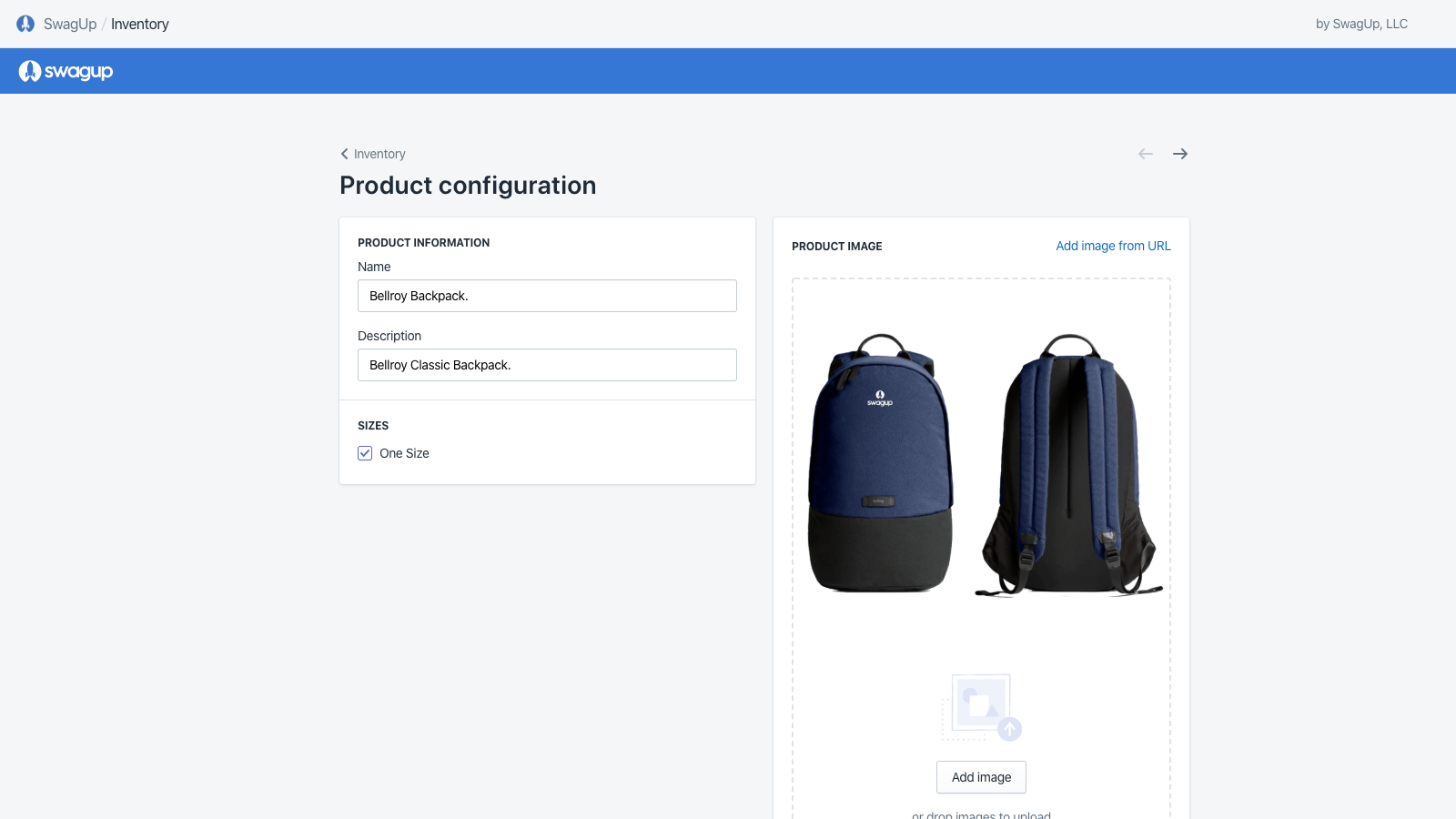 SwagUp - Shopify App Product Configuration Page