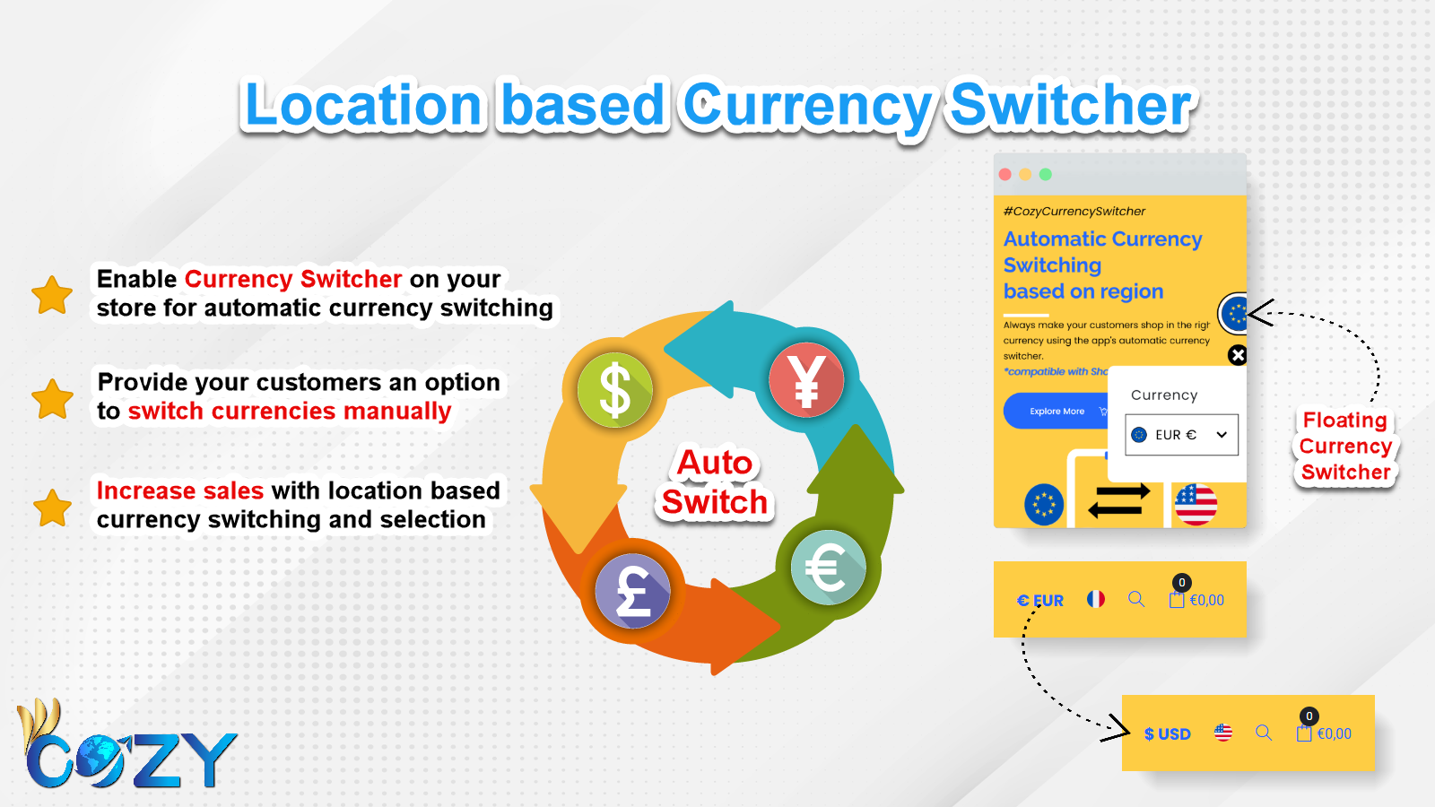 Switch currencies based on location automatically or with popups